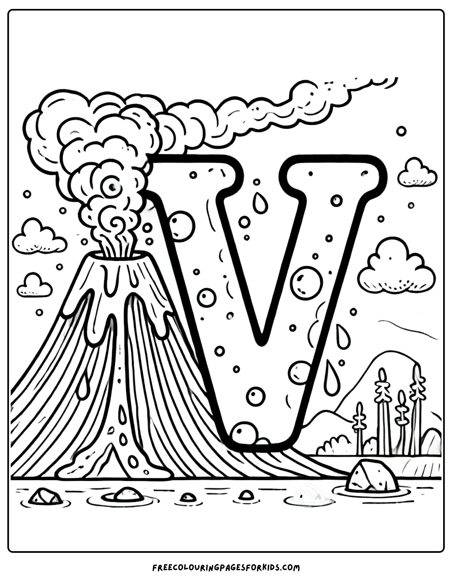 letter V for volcano coloring page