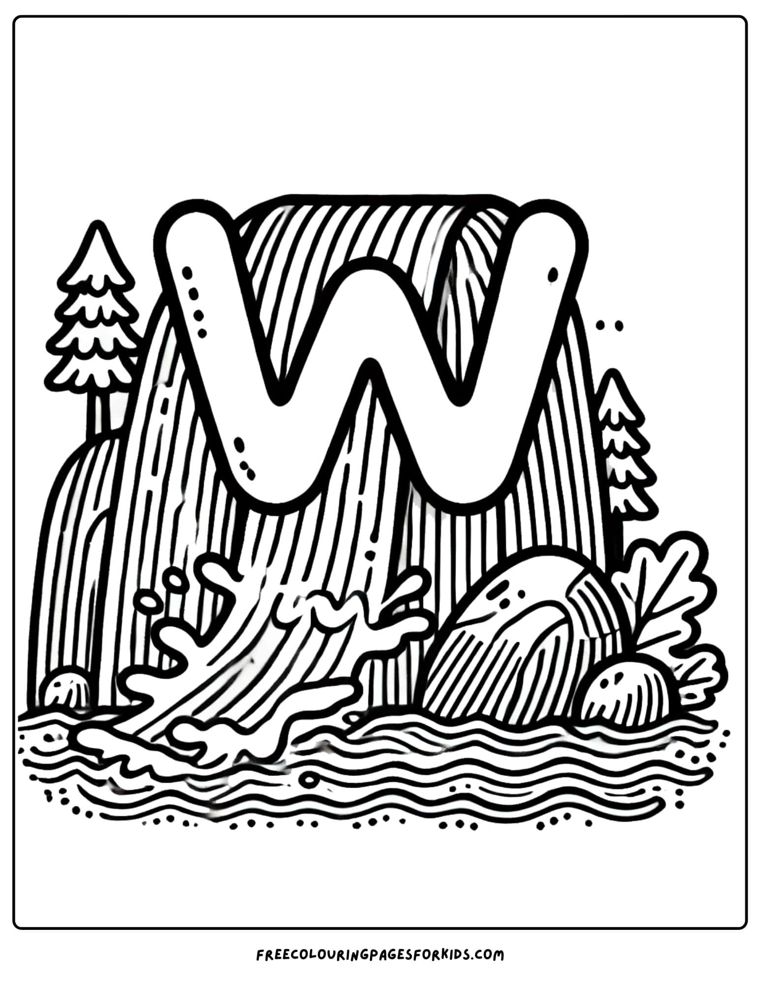 letter w for waterfall coloring page