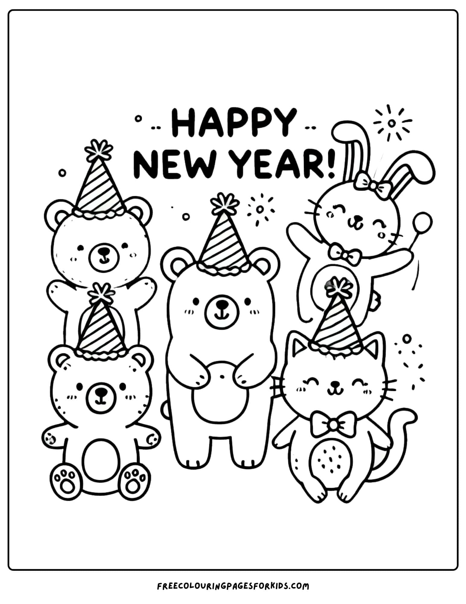 happy new year animals in party hats coloring page