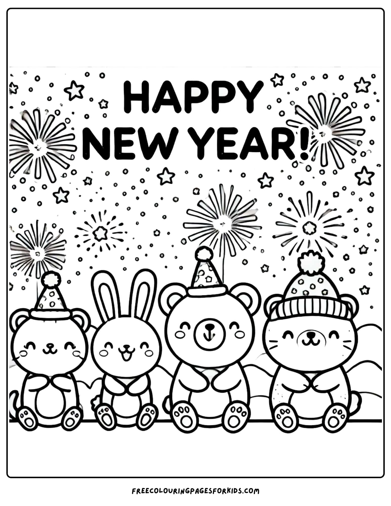 happy new year animals watching fireworks coloring page