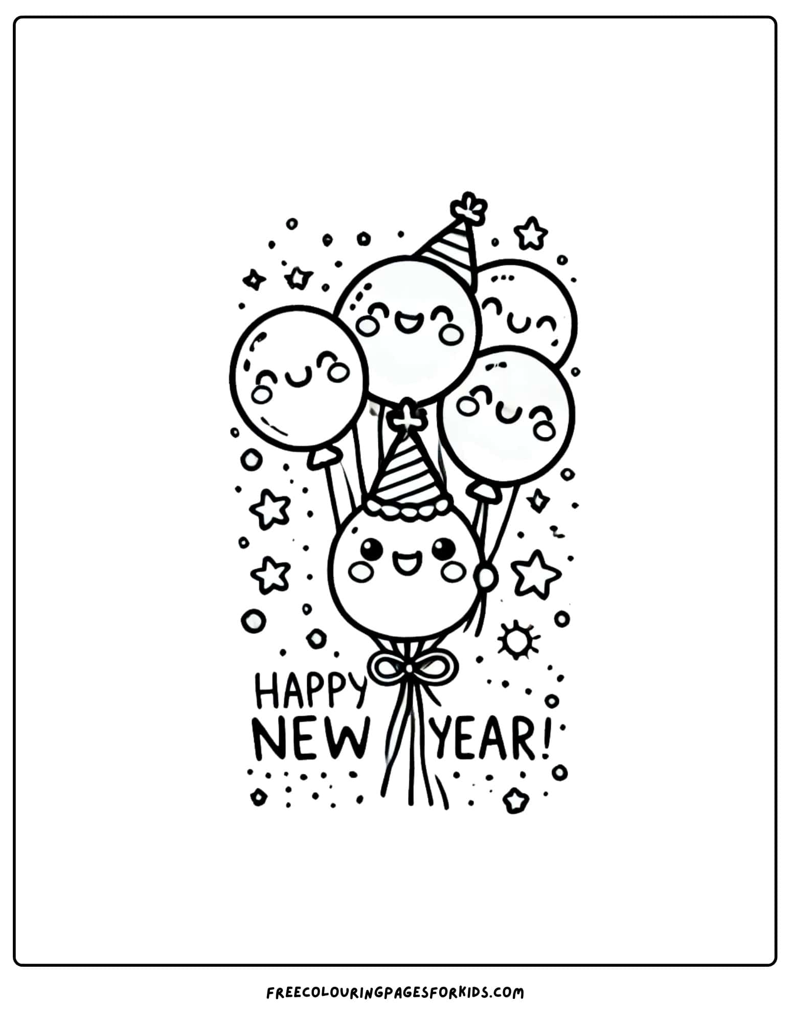 happy new year balloons with faces coloring page