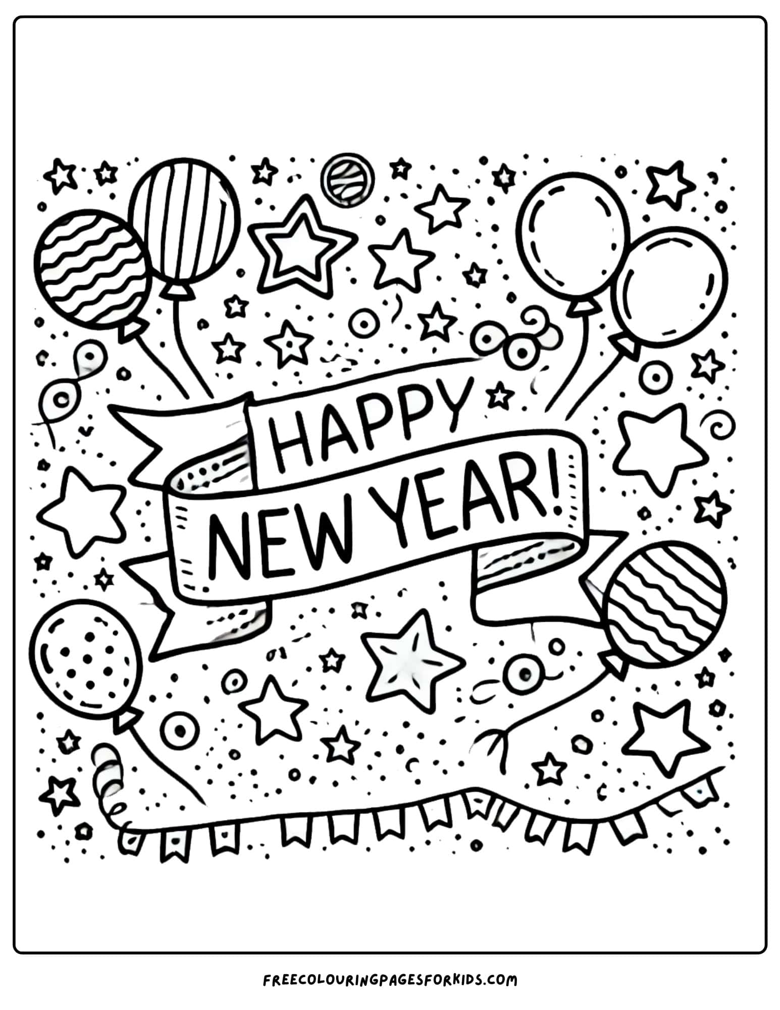 happy new year banner with balloons coloring page