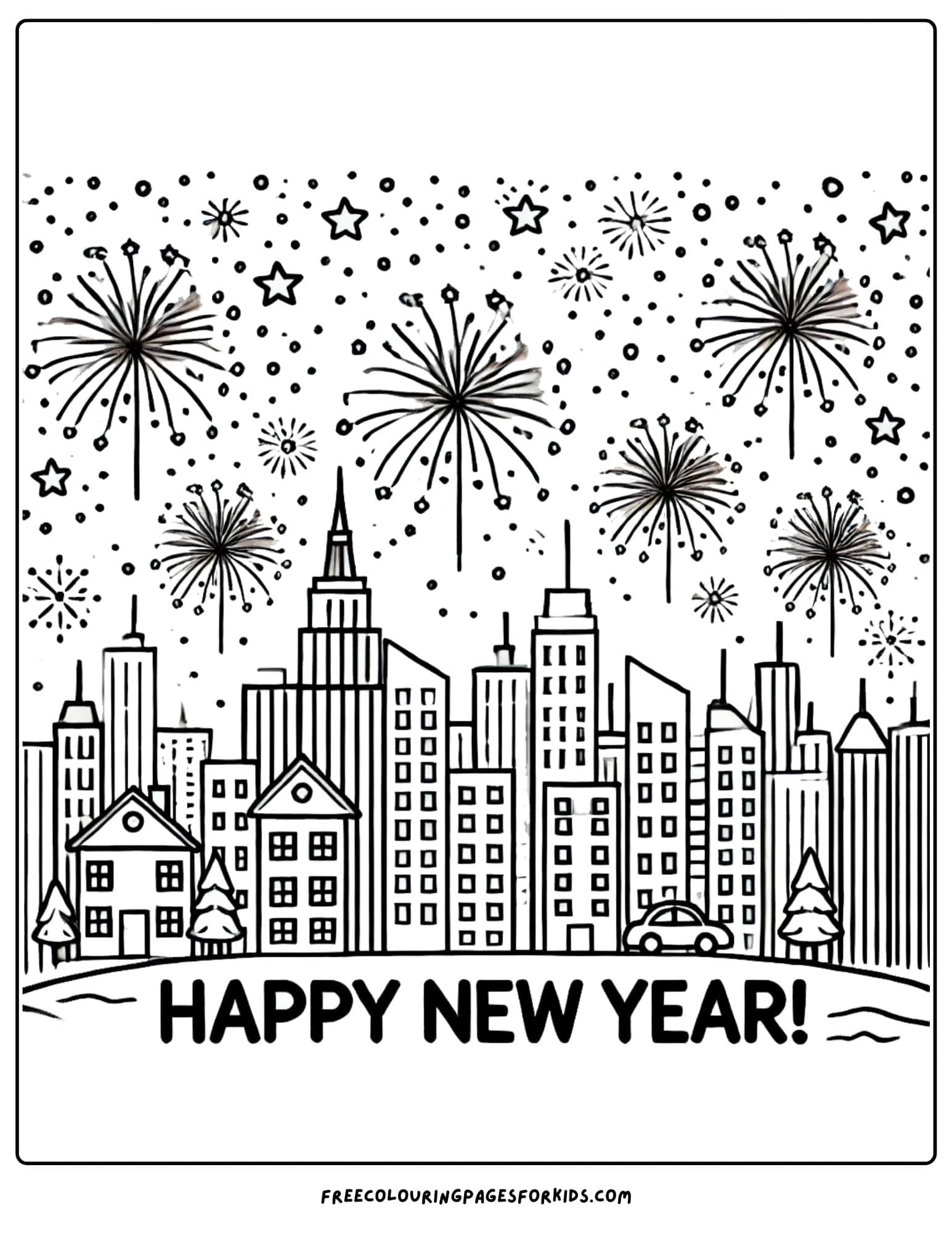 happy new year fireworks over the city skyline coloring page