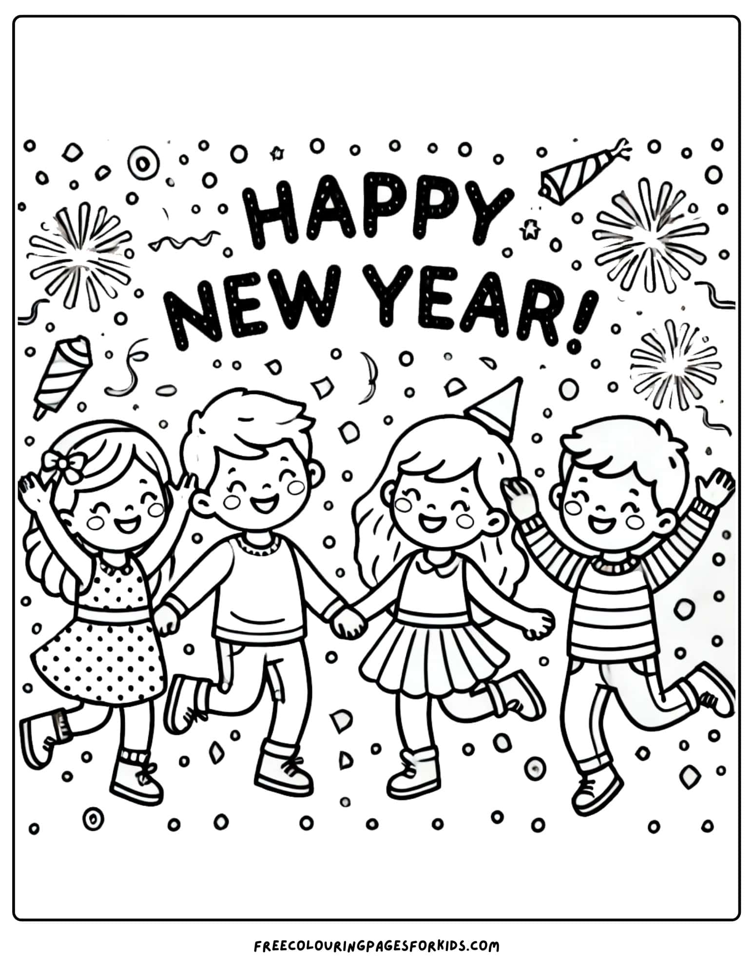 happy new year kids dancing in celebration coloring page