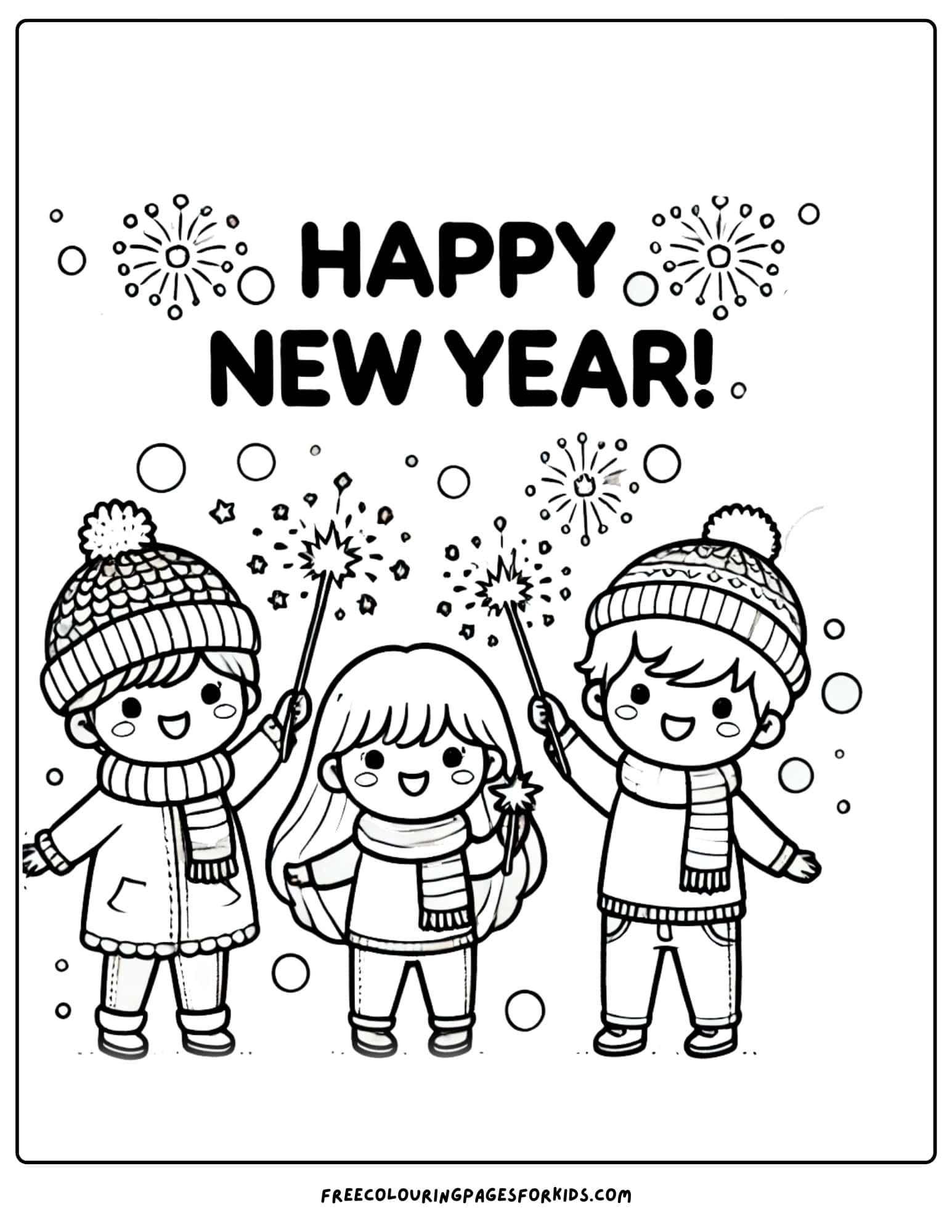 happy new year with kids holding sparklers coloring page