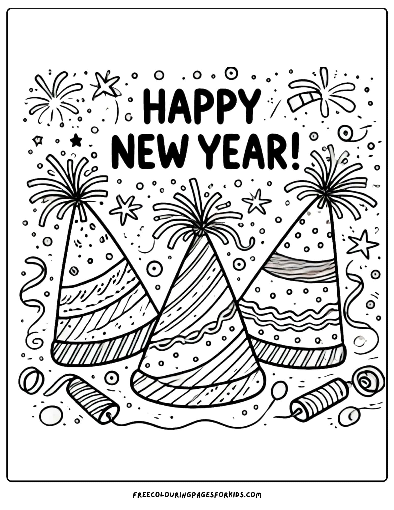 happy new year party hats coloring page