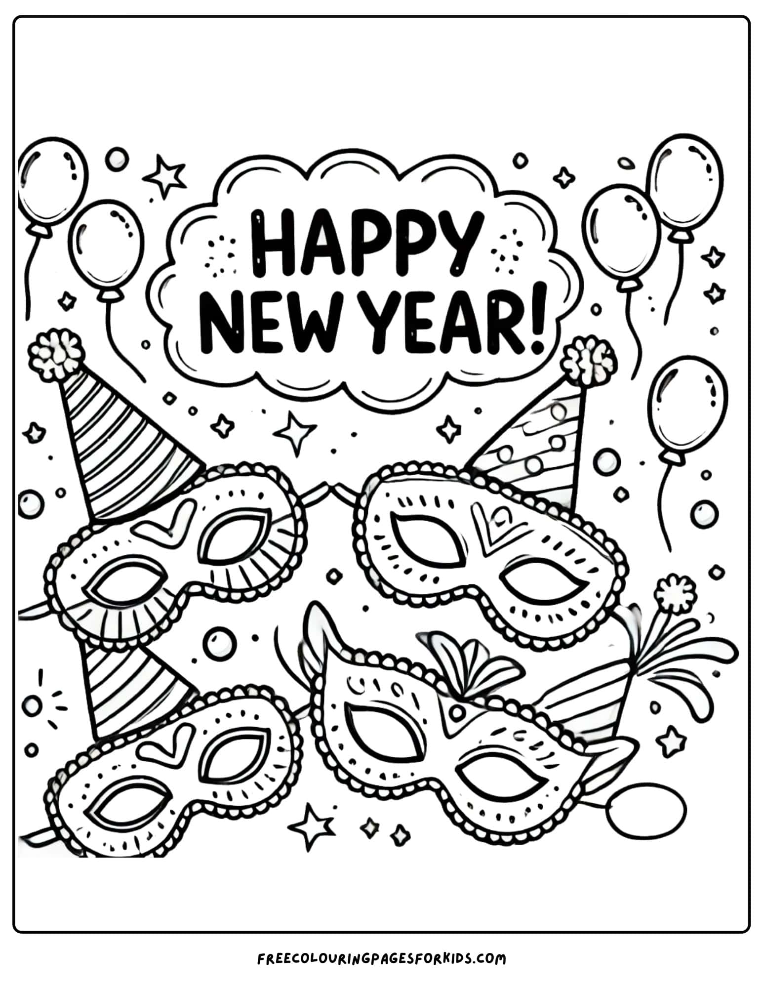 happy new year party masks coloring page