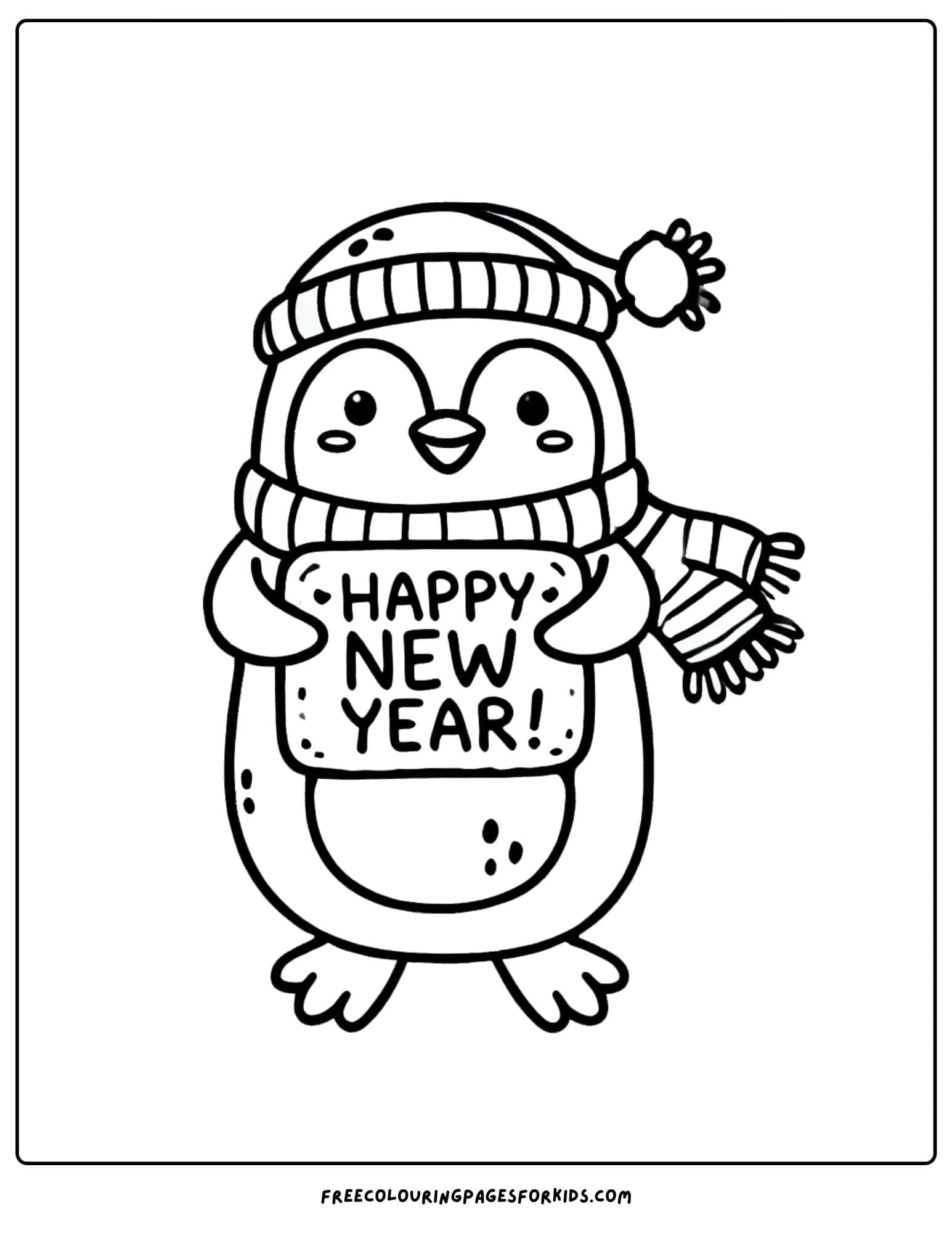 happy new year sign with a penguin holding it coloring page