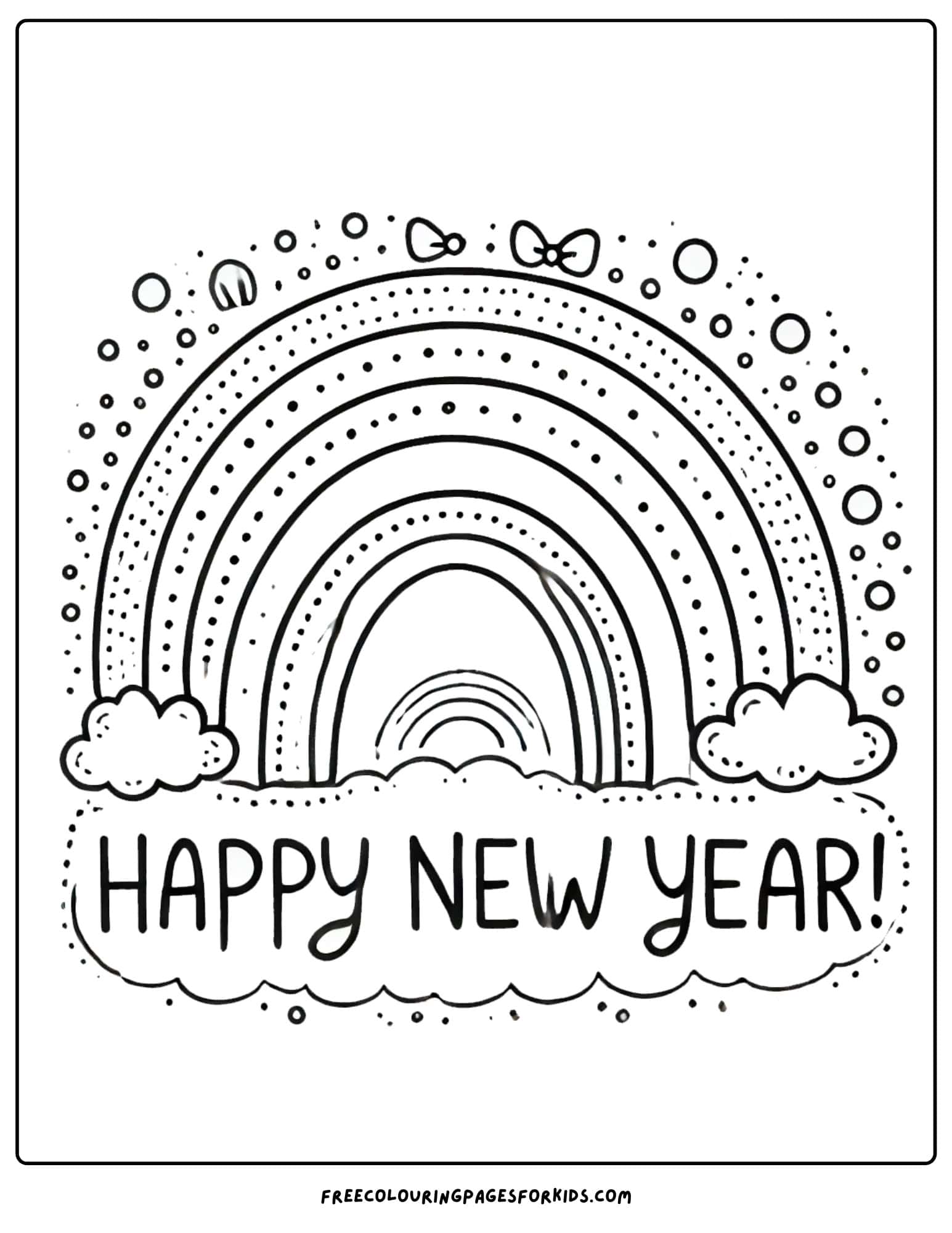 happy new year text under a rainbow coloring page