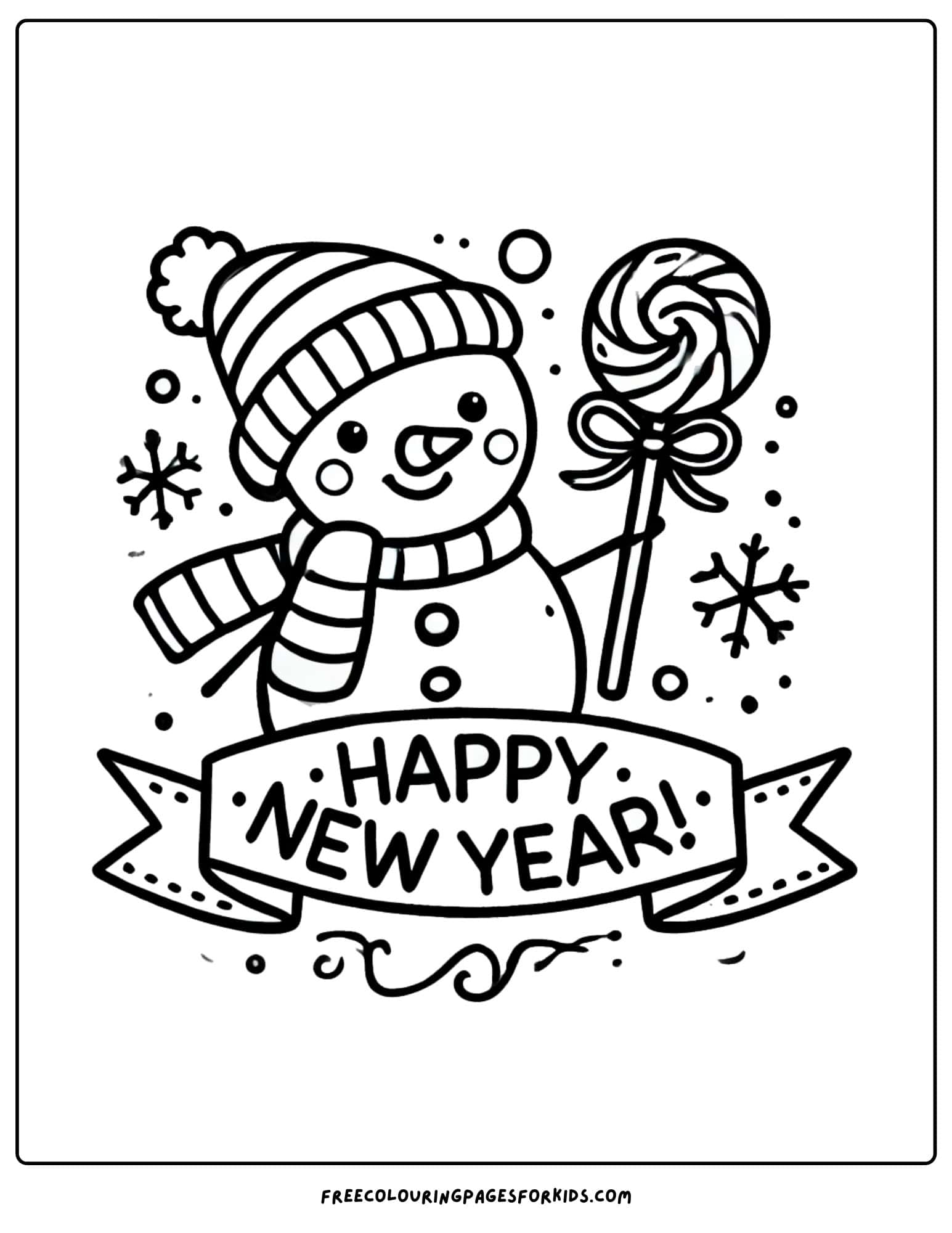 happy new year snowman holding a banner coloring page