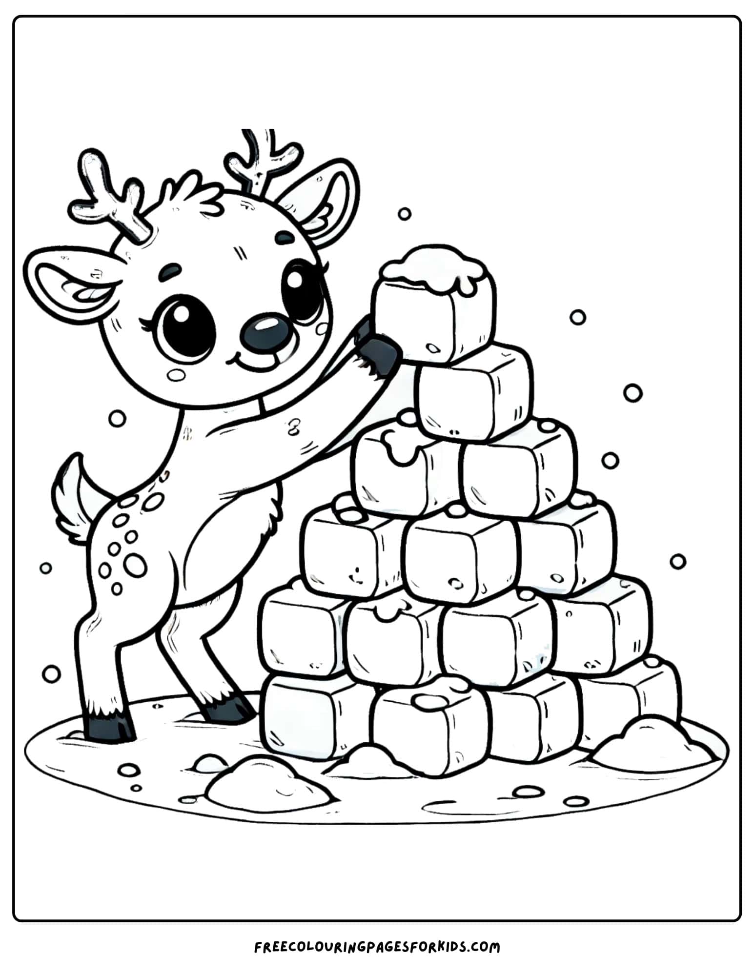 reindeer building a snow fort coloring page