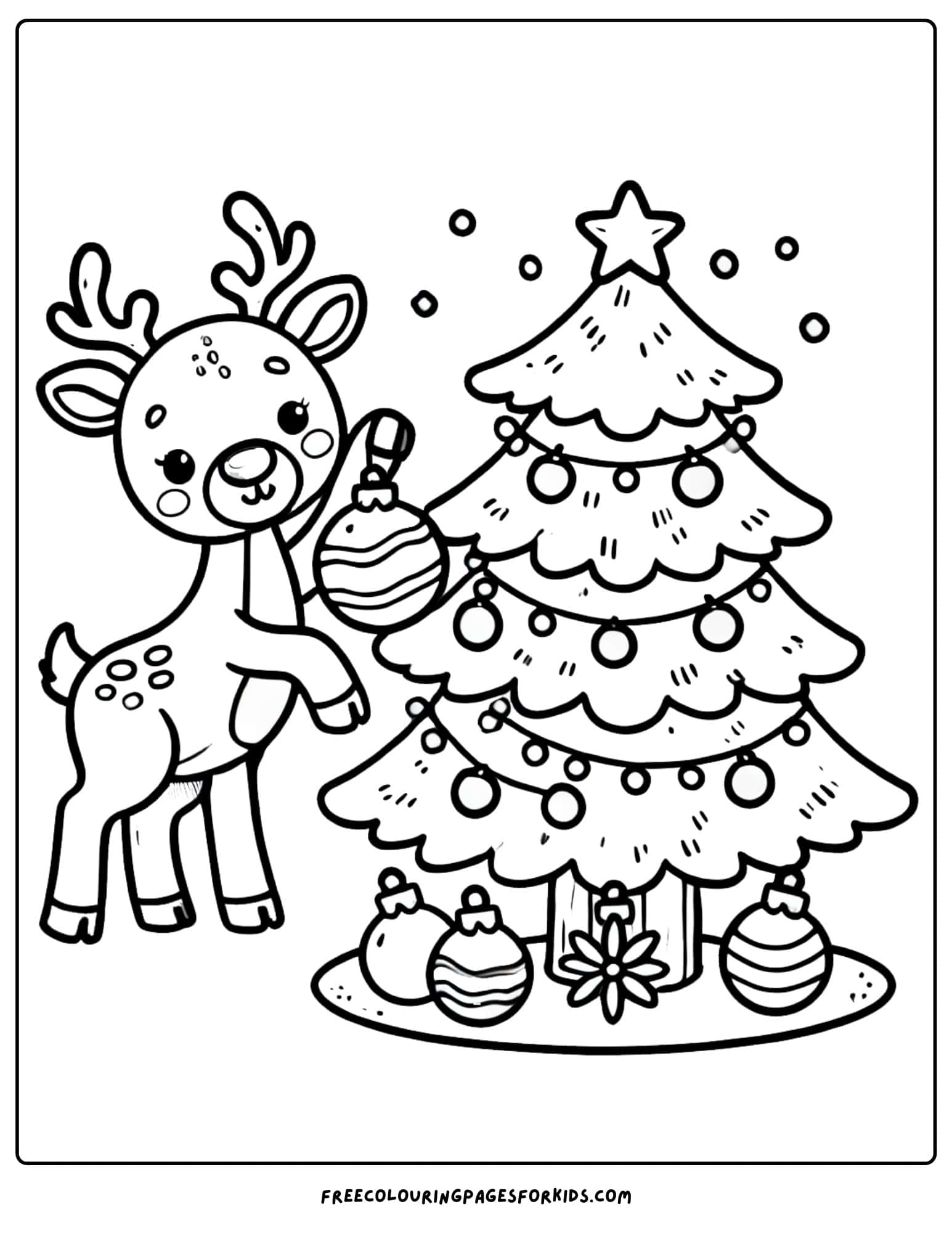 reindeer decorating a tree coloring page