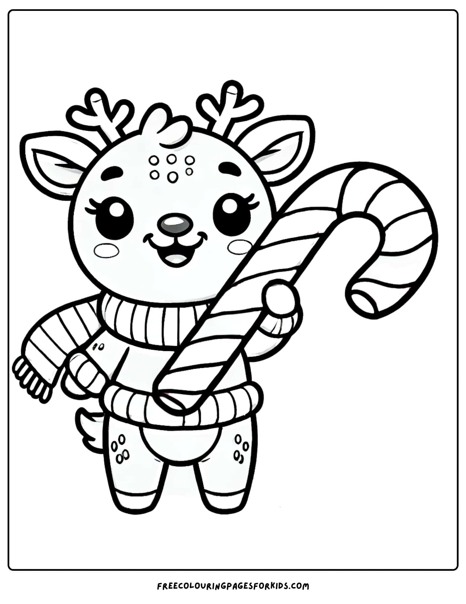 reindeer holding a candy cane coloring page