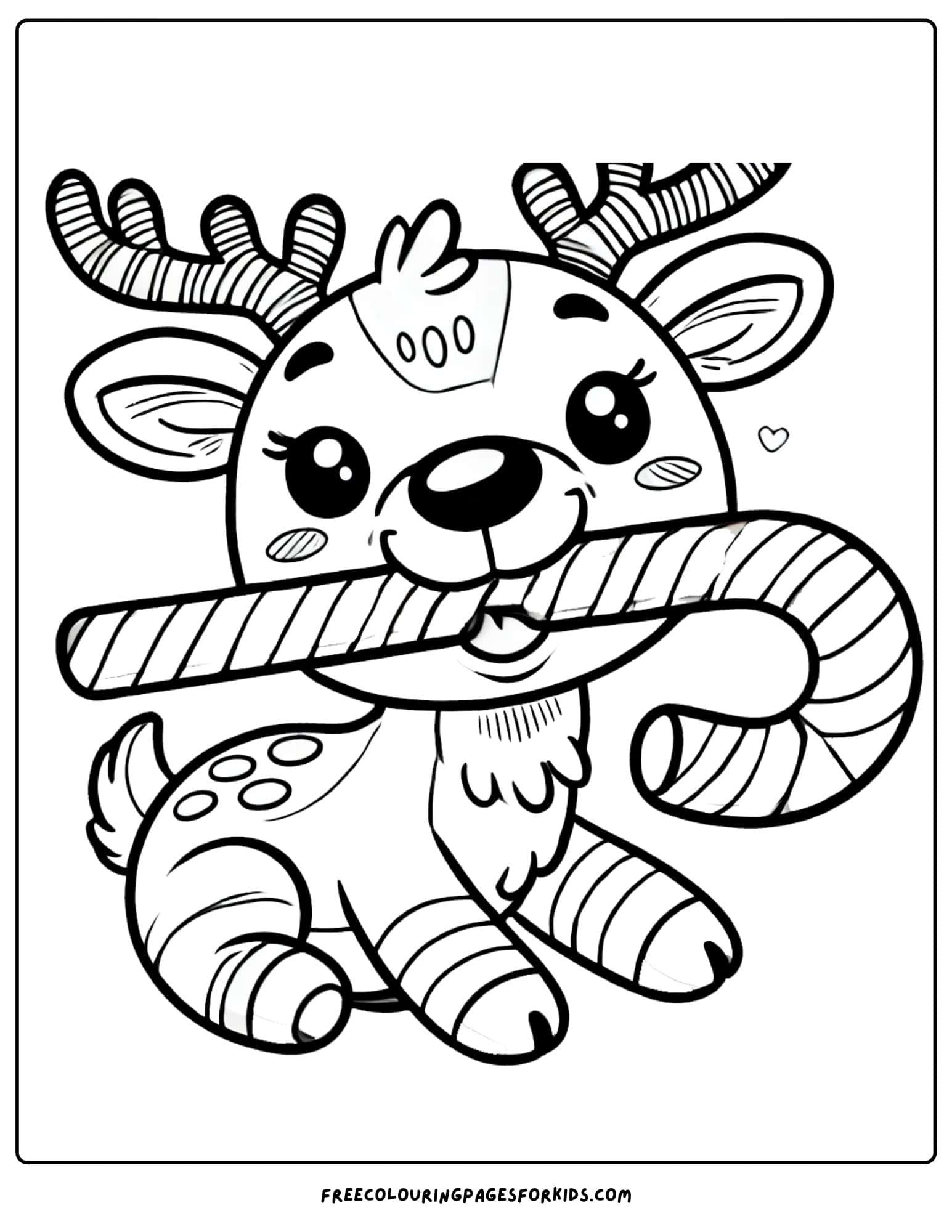 reindeer holding a candy cane in its mouth coloring page