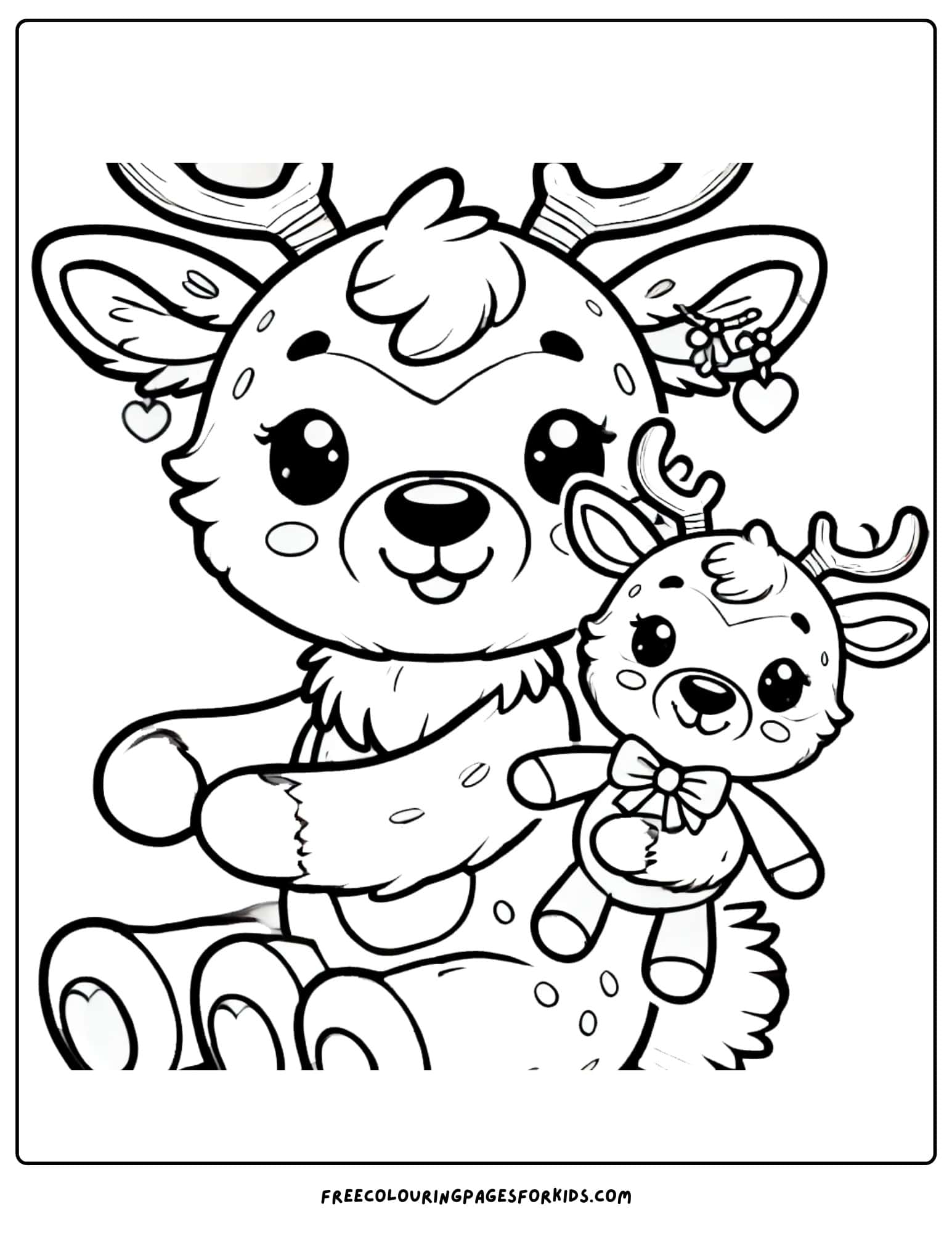 reindeer holding a plush toy coloring page