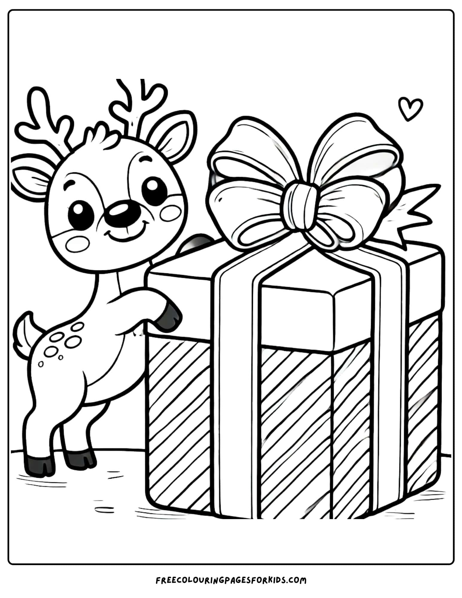 reindeer peaking at a big present coloring page