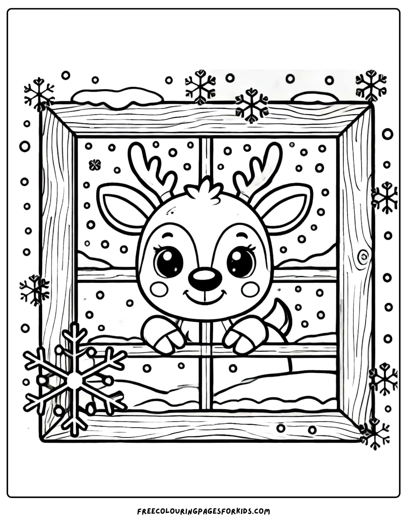 reindeer peeking through a window coloring page