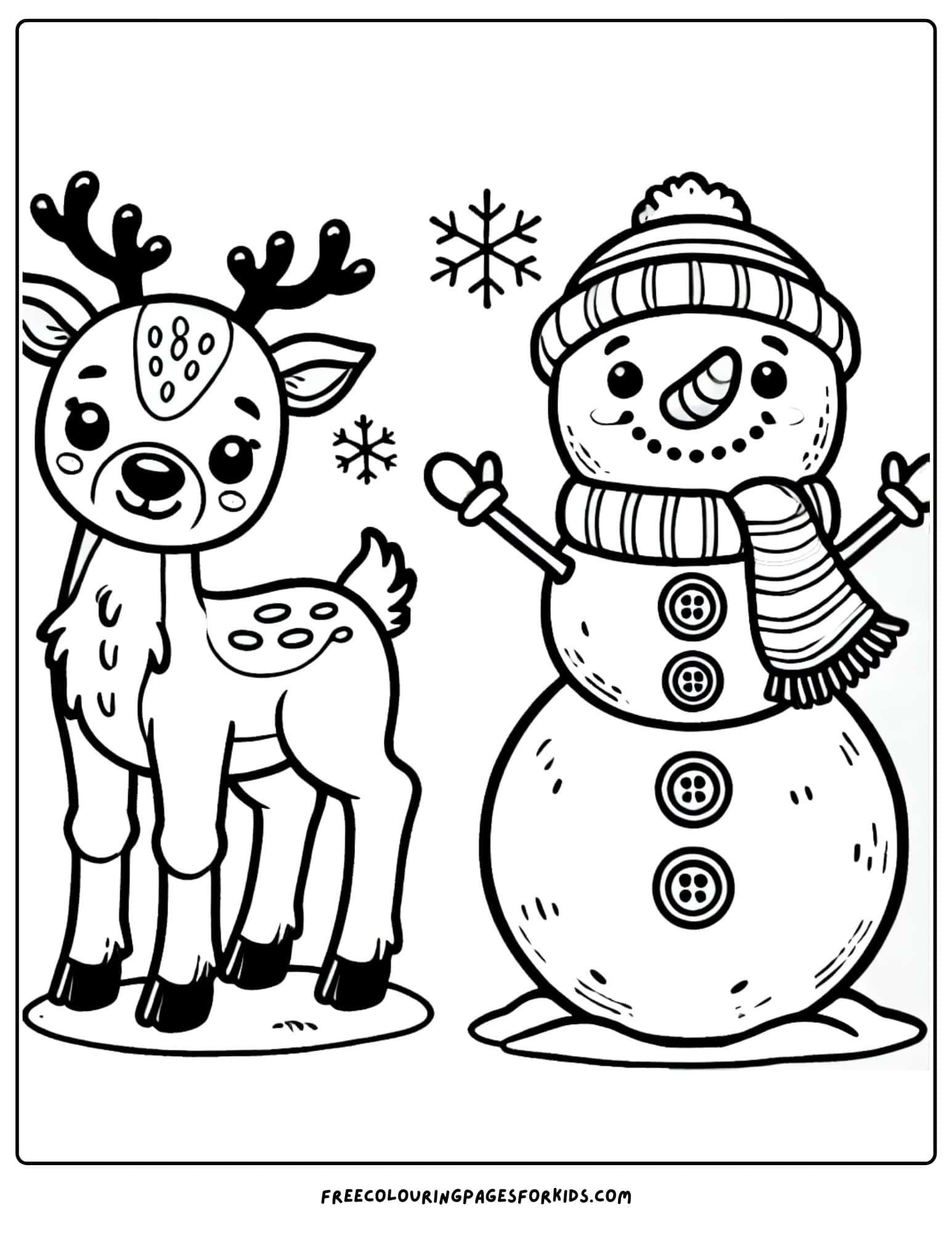 reindeer playing with a snowman coloring page