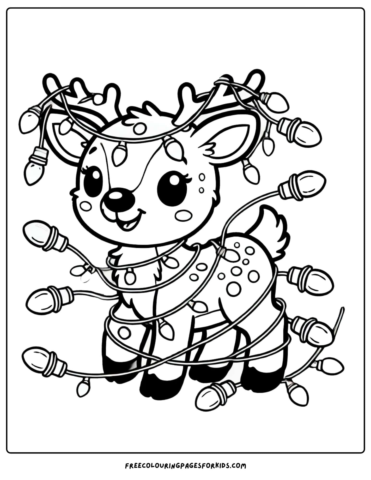 reindeer tangled in christmas lights coloring page