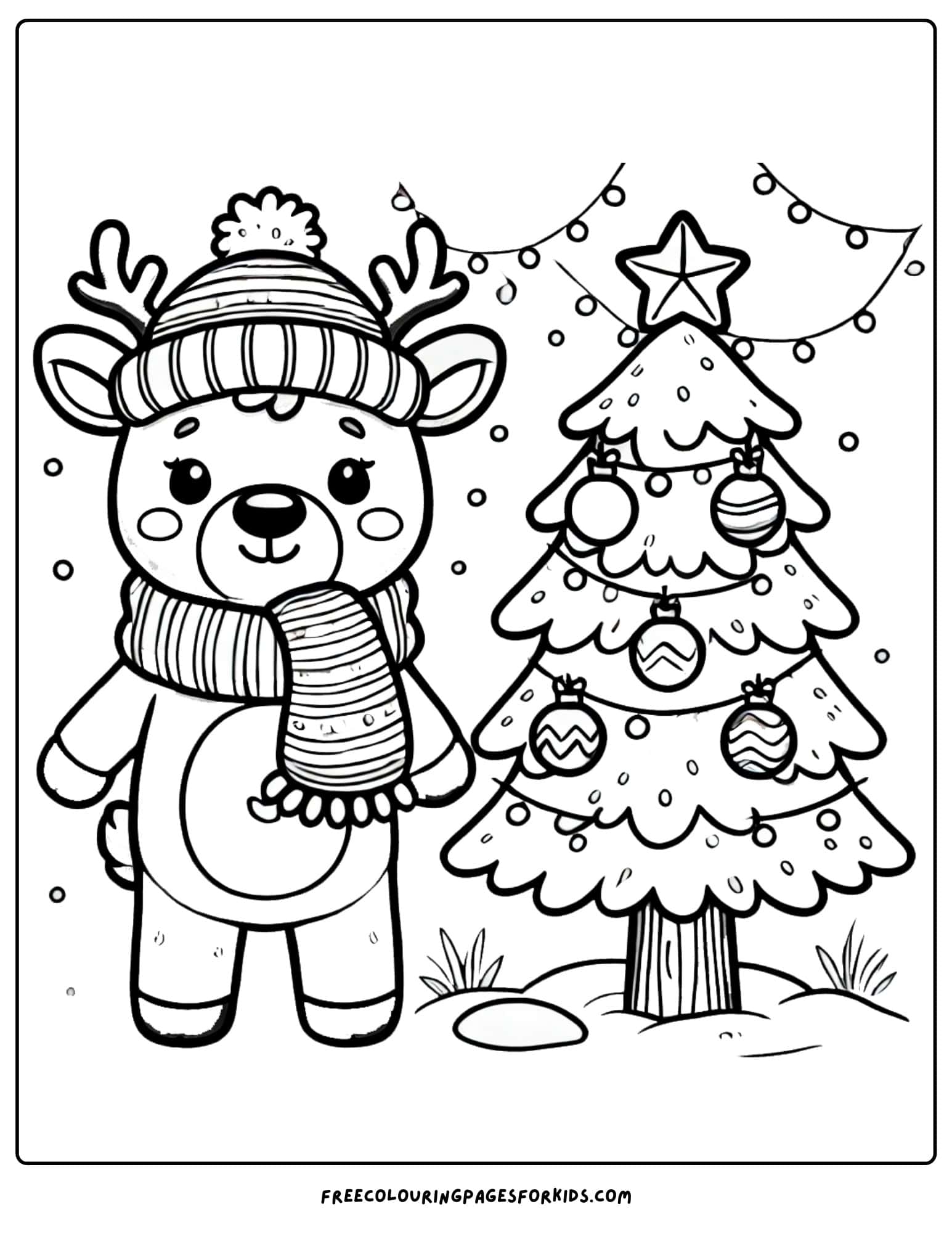 reindeer with a christmas tree coloring page