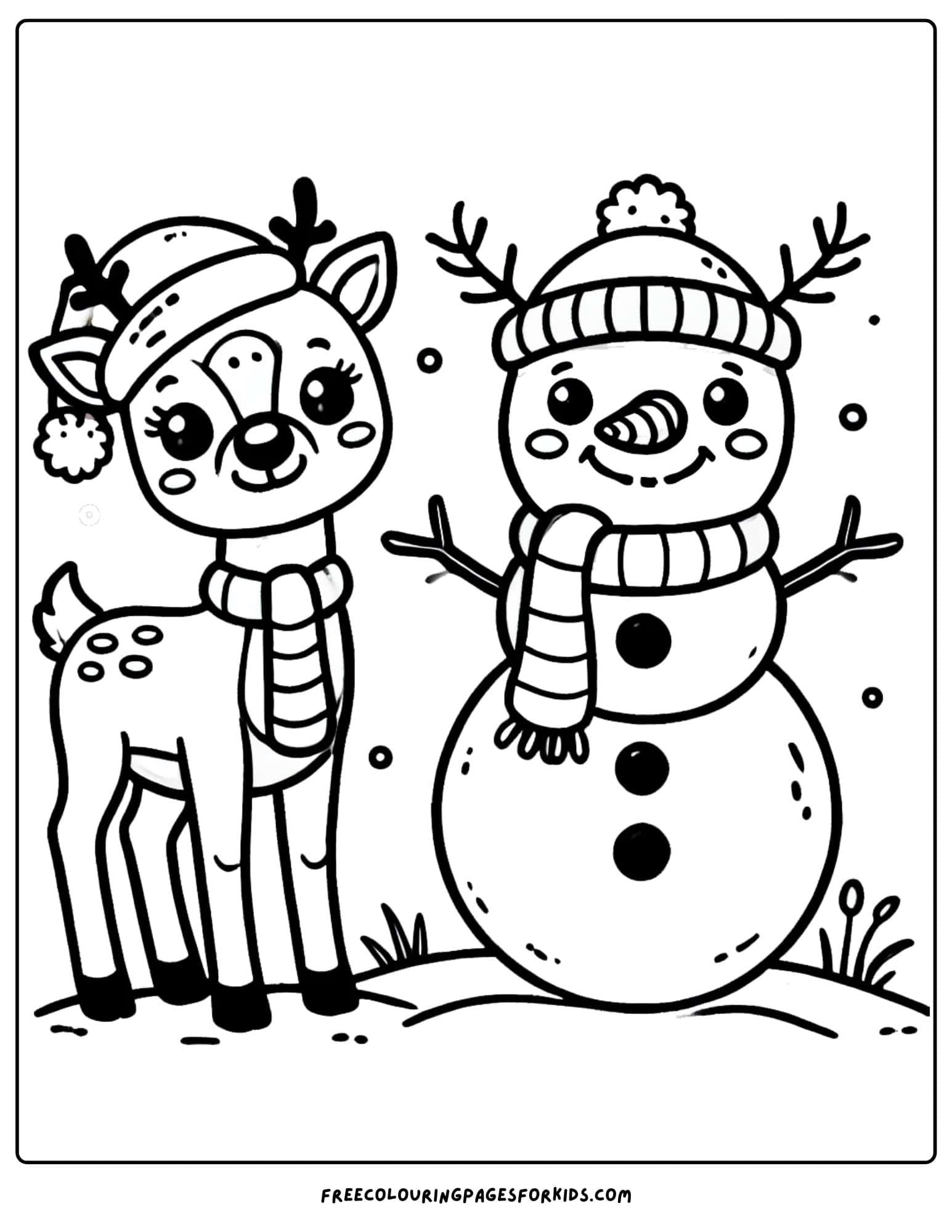 reindeer with a happy snowman coloring page