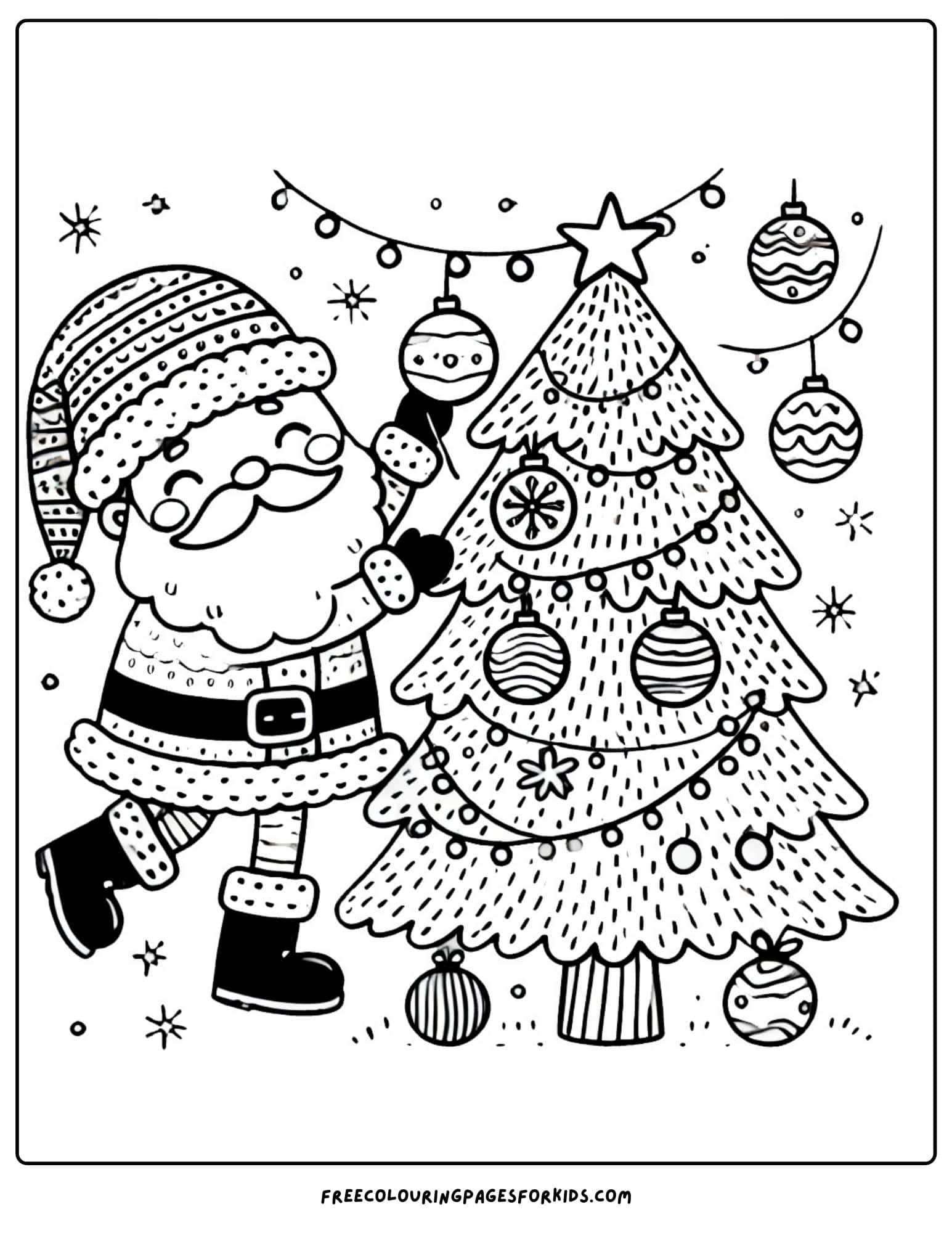 santa decorating a christmas tree coloring page