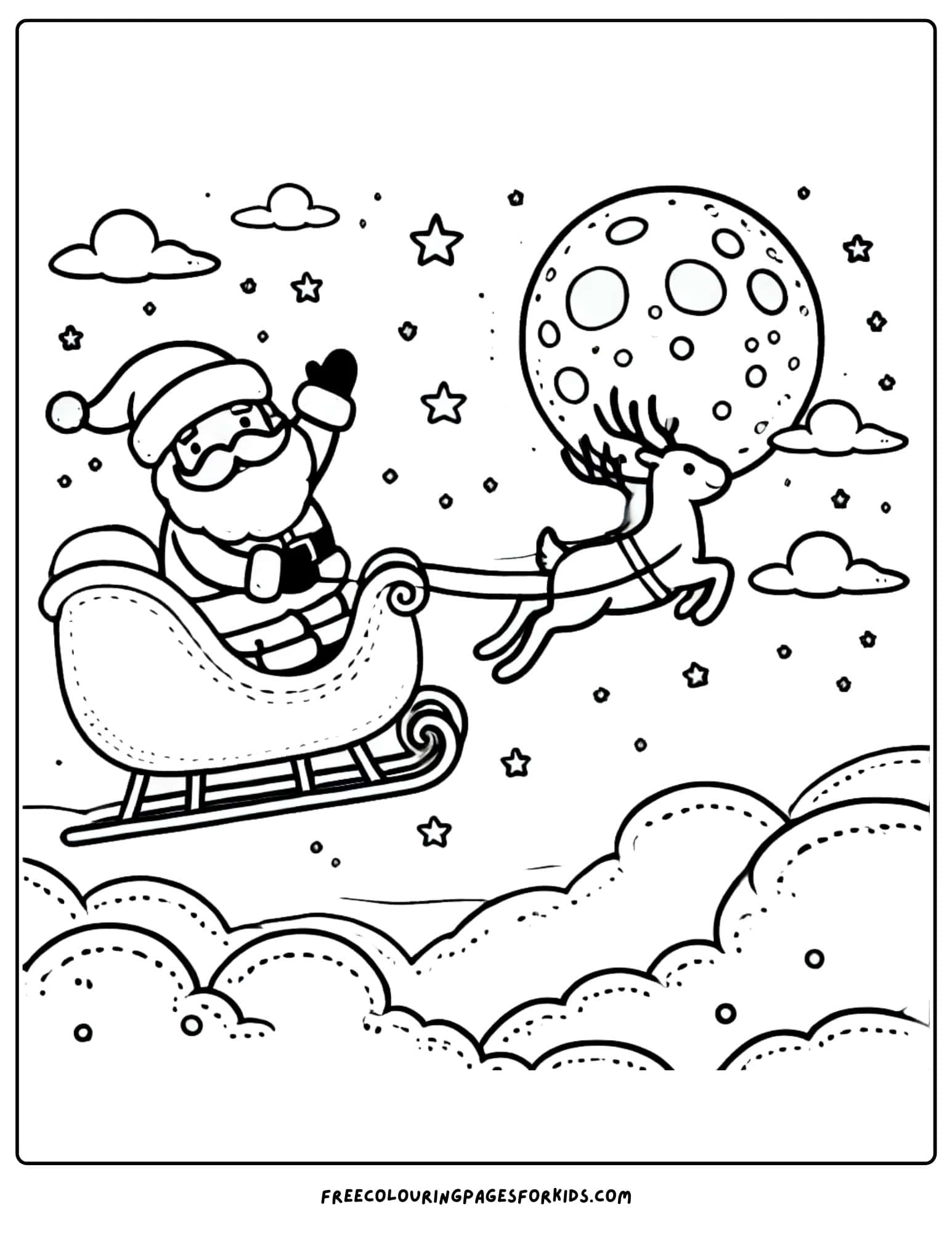 santa flying in a sleigh coloring page