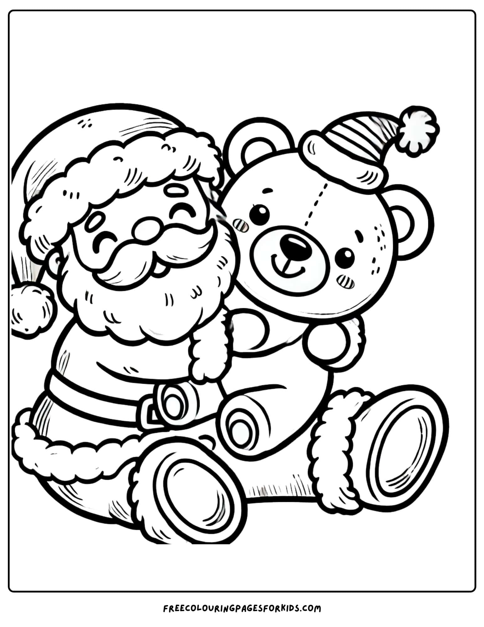 santa hugging a teddy bear coloring page