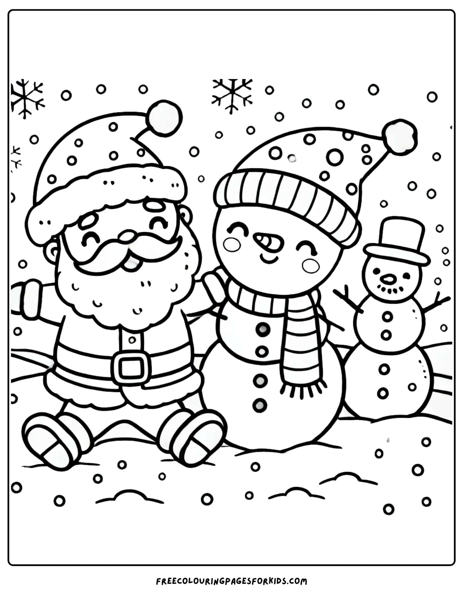 santa laughing with a snowman coloring page