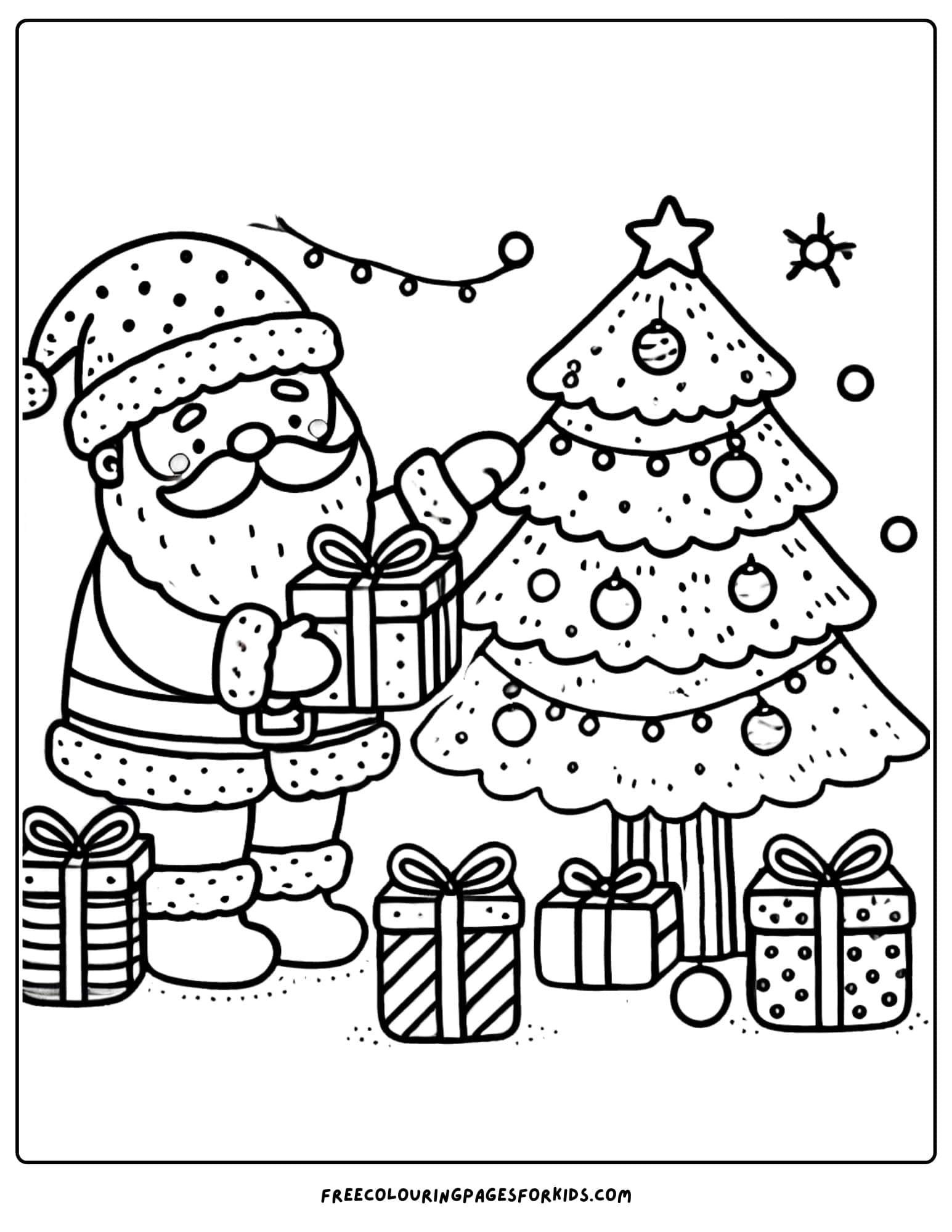 santa putting gifts under the tree coloring page