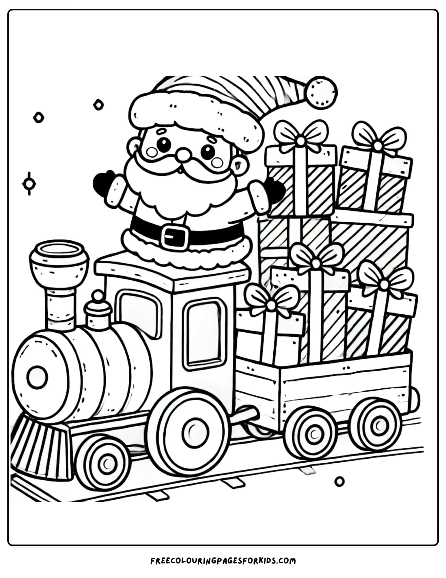 santa on a gift train coloring page