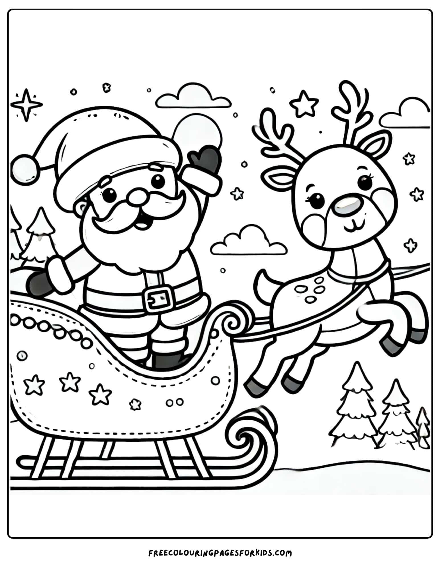 santa with sleigh and reindeer coloring page