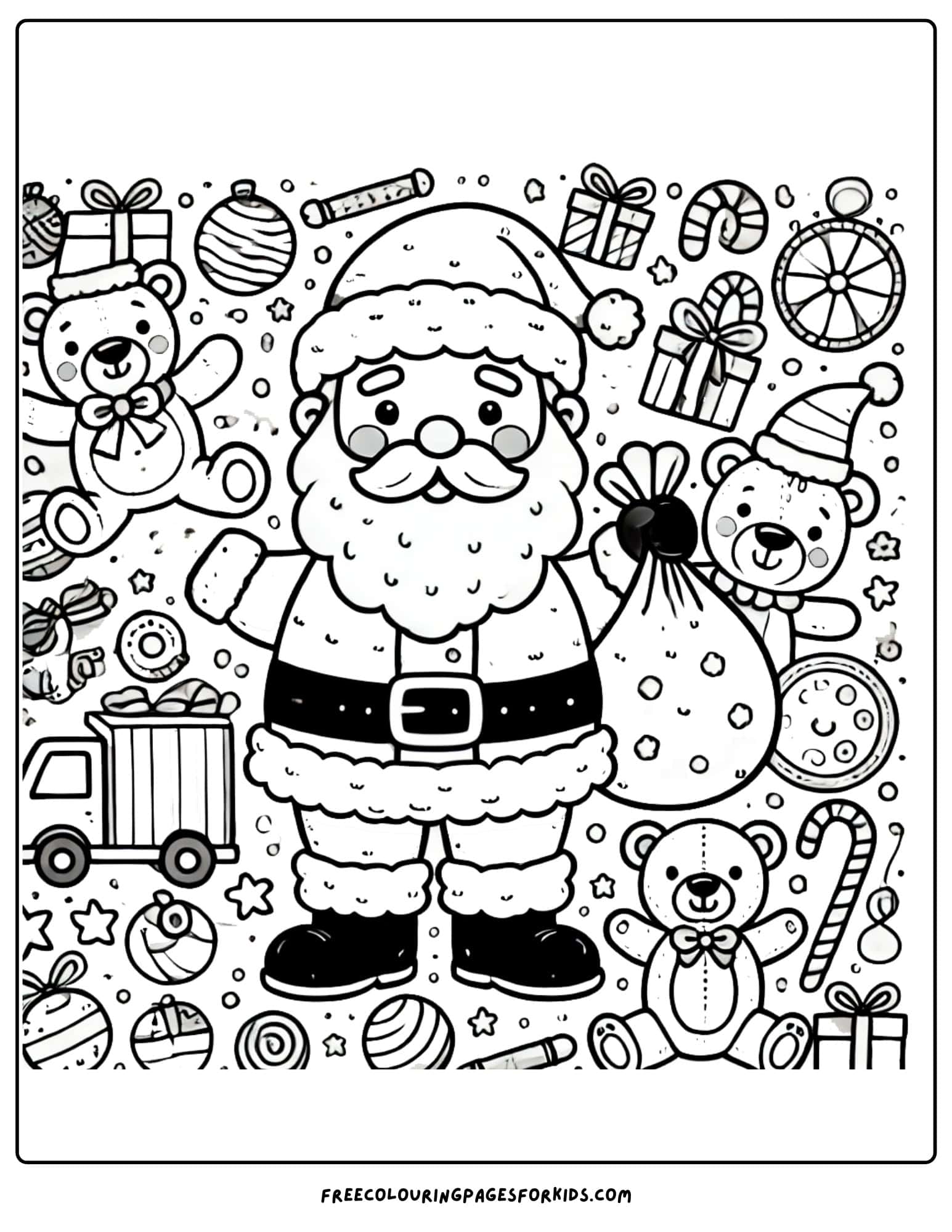 santa surrounded by toys coloring page