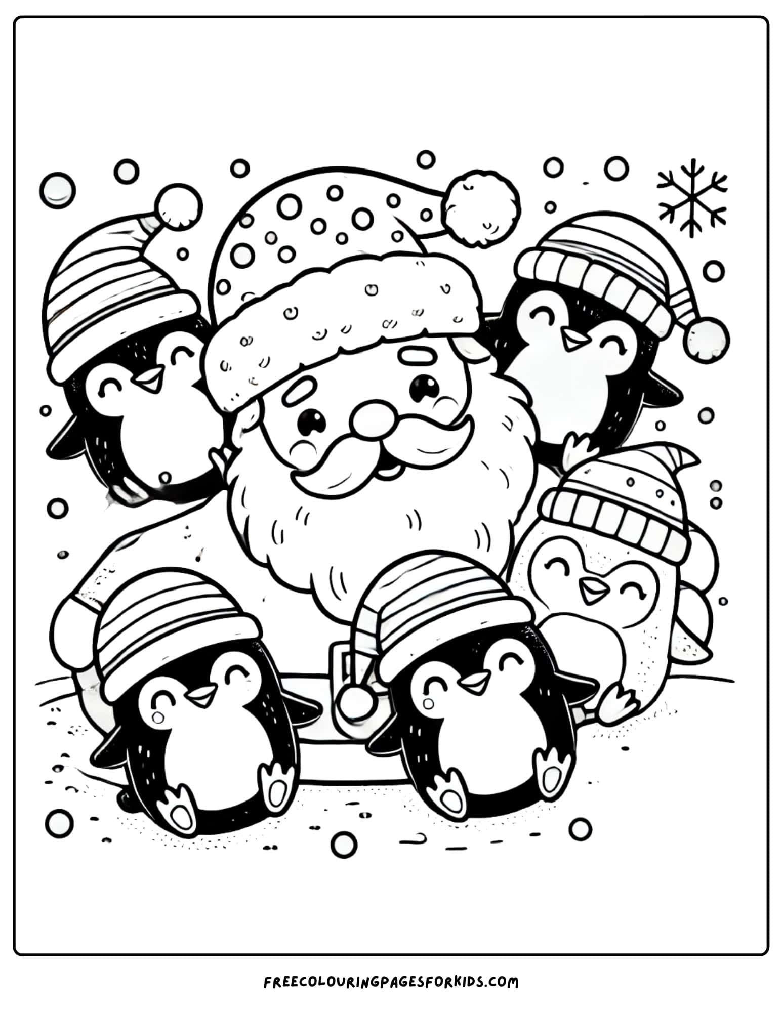 santa with playful penguins coloring page