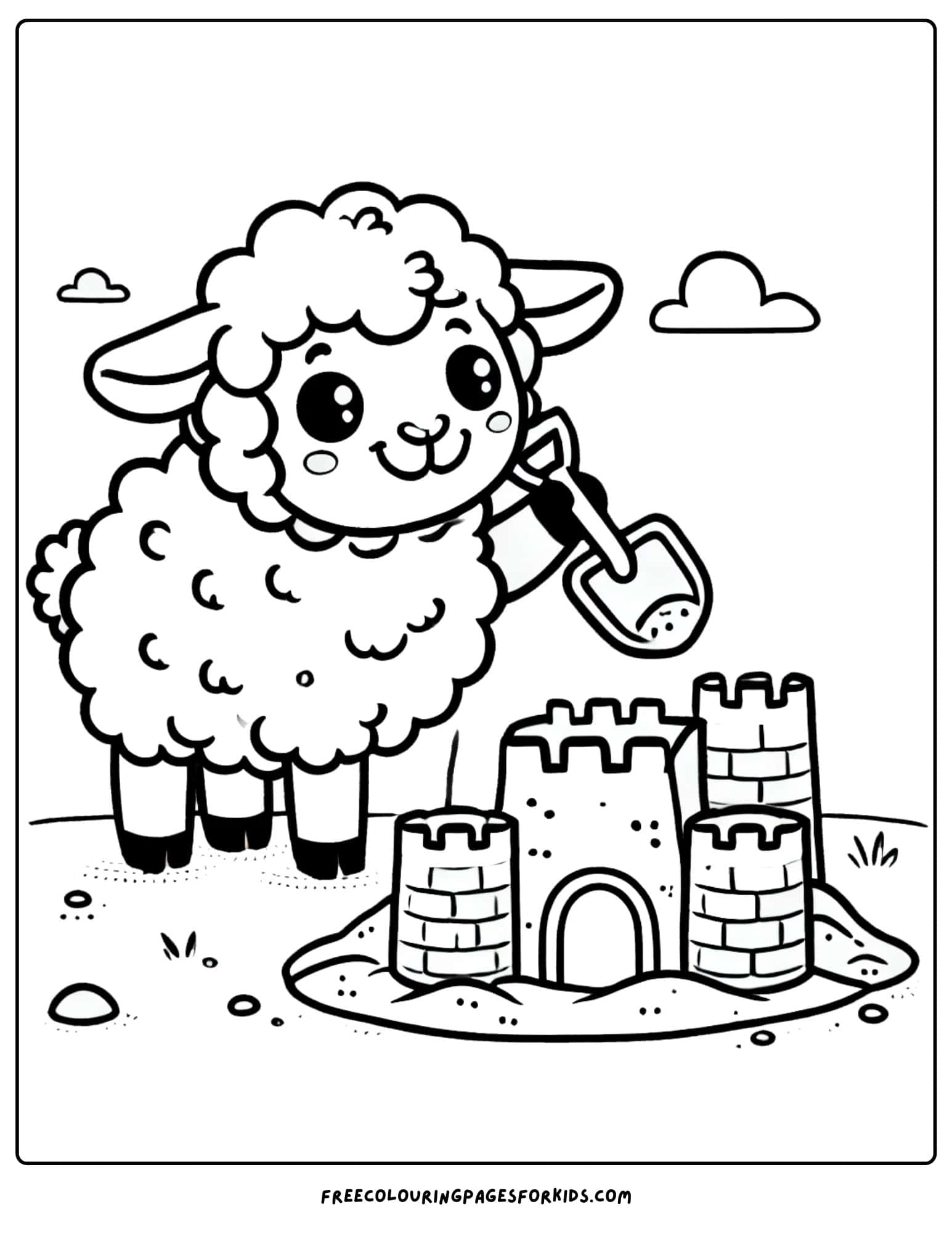 sheep building a sandcastle coloring page