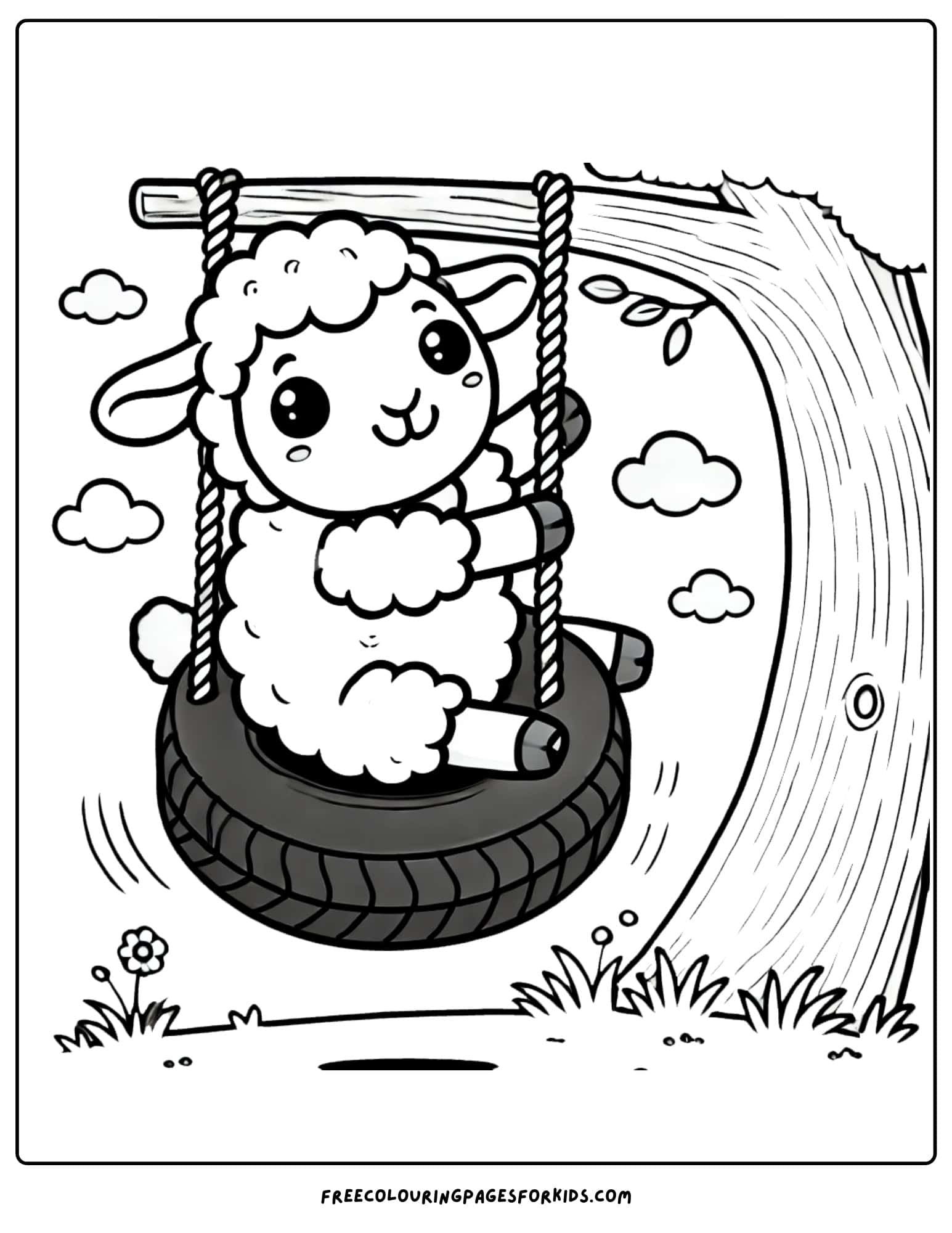 sheep on a tree tire swing coloring page