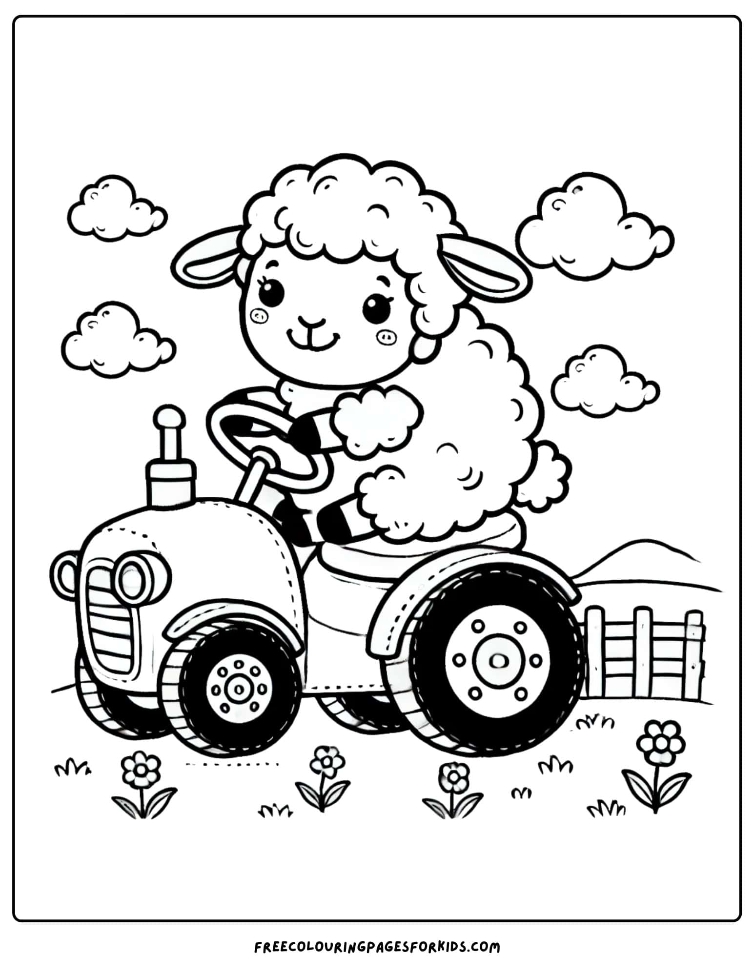 sheep driving a tractor coloring page