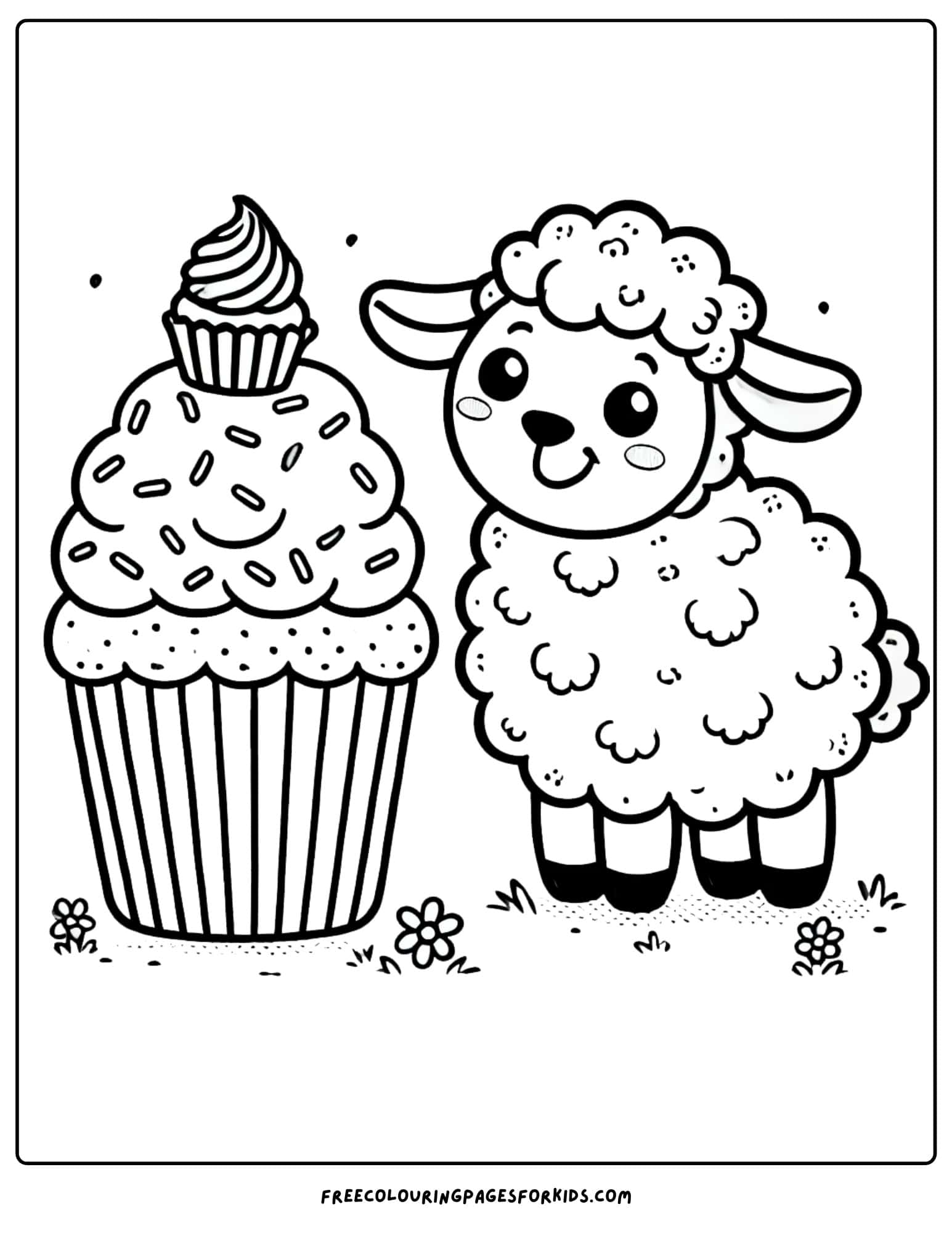 sheep with a giant cupcake coloring page