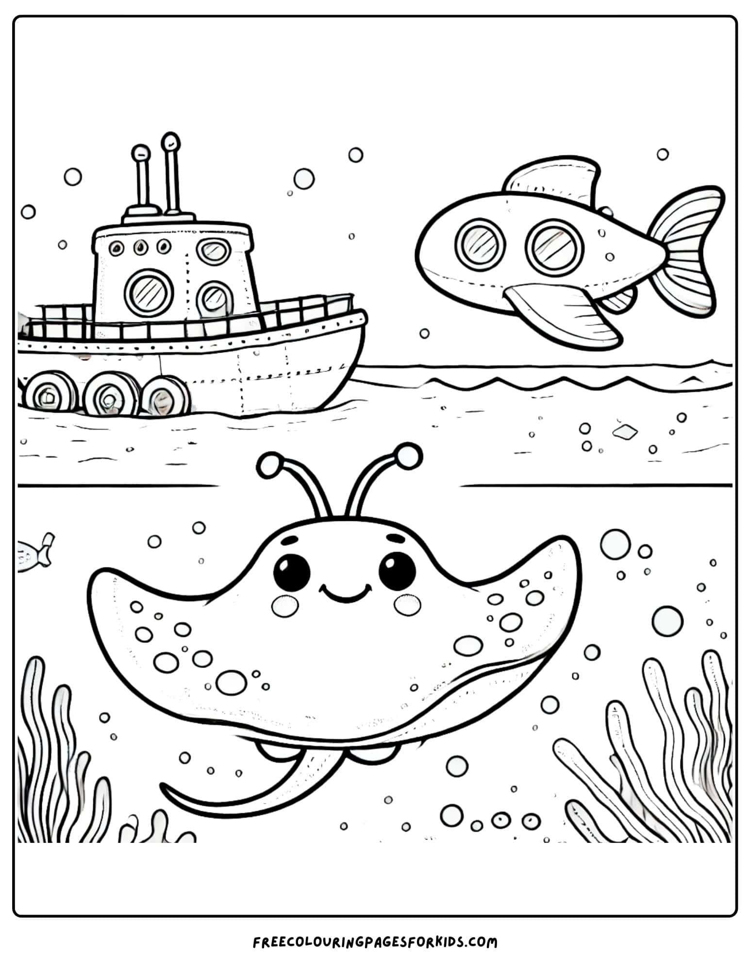 stingray with a submarine and boat coloring page