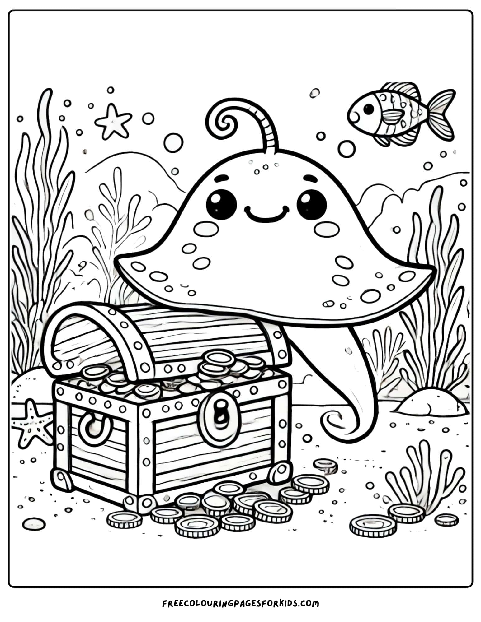 stingray with a treasure chest underwater coloring page