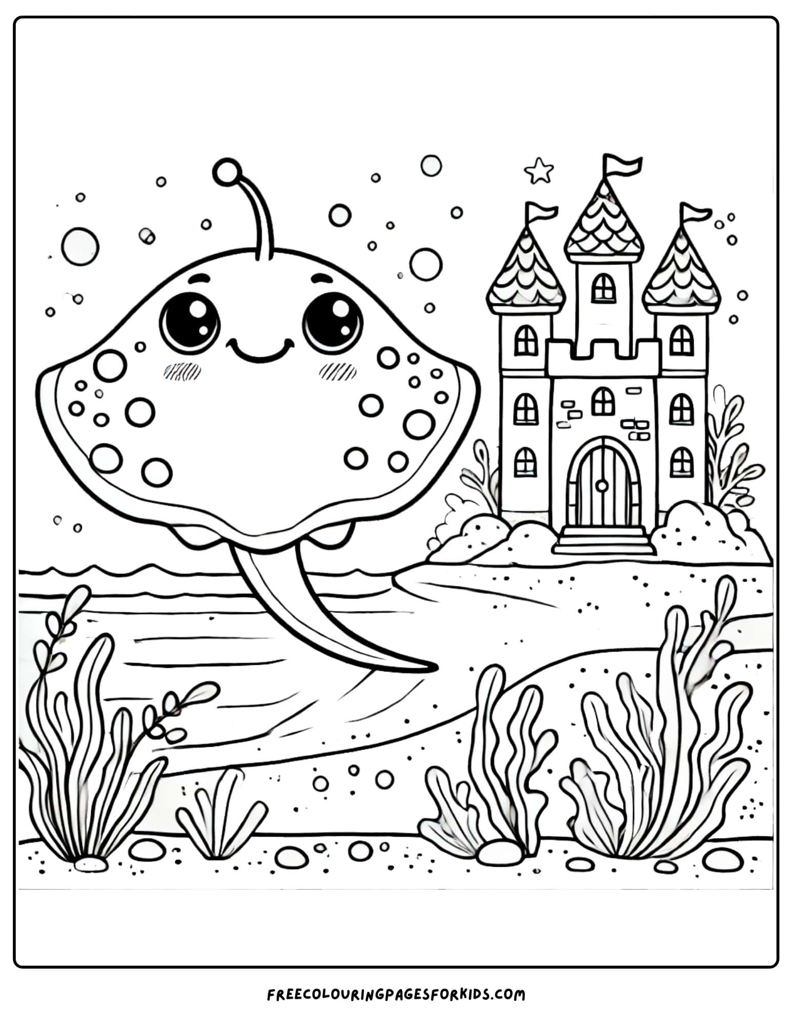 stingray with an underwater castle coloring page