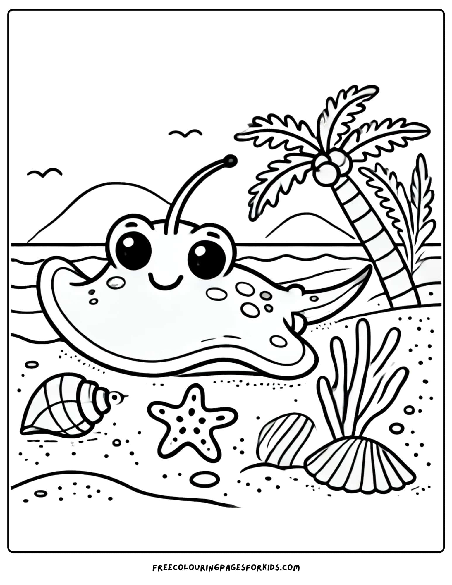 stingray relaxing on a beach coloring page