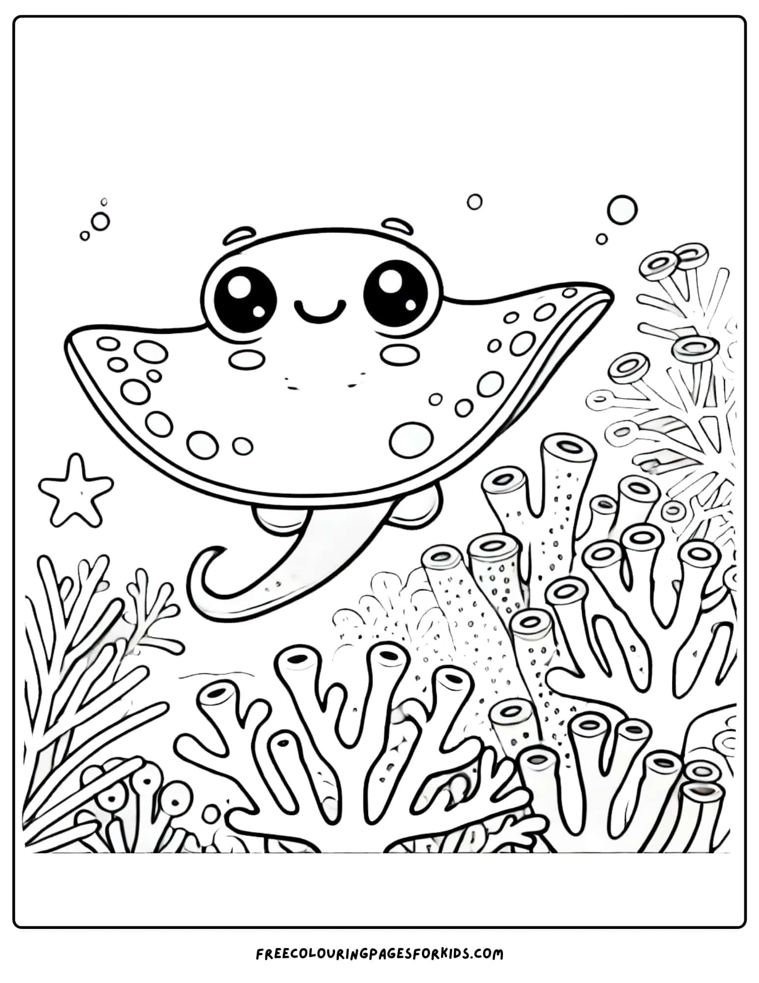 stingray hiding in a coral reef coloring page