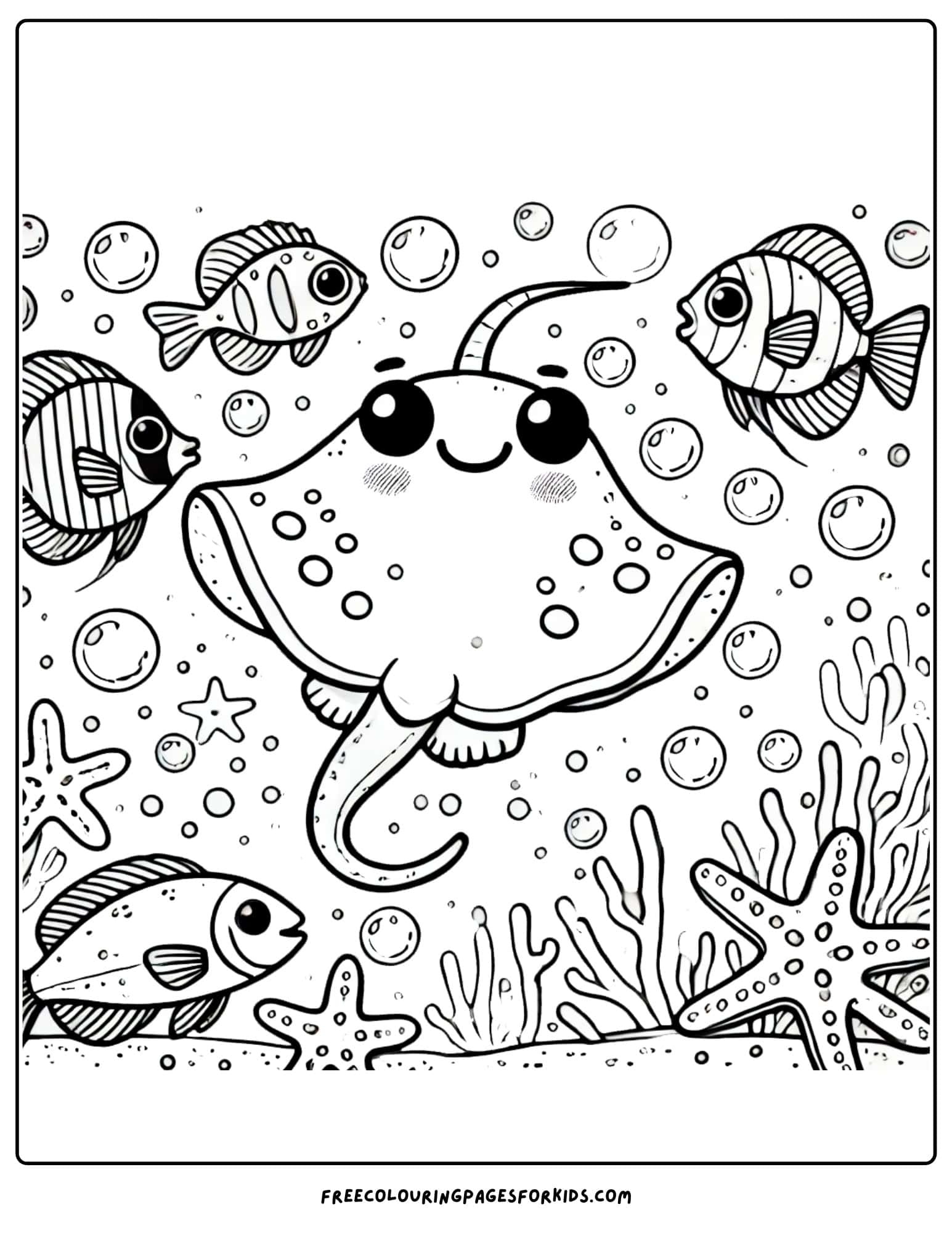 stingray underwater party with fish and starfish coloring page