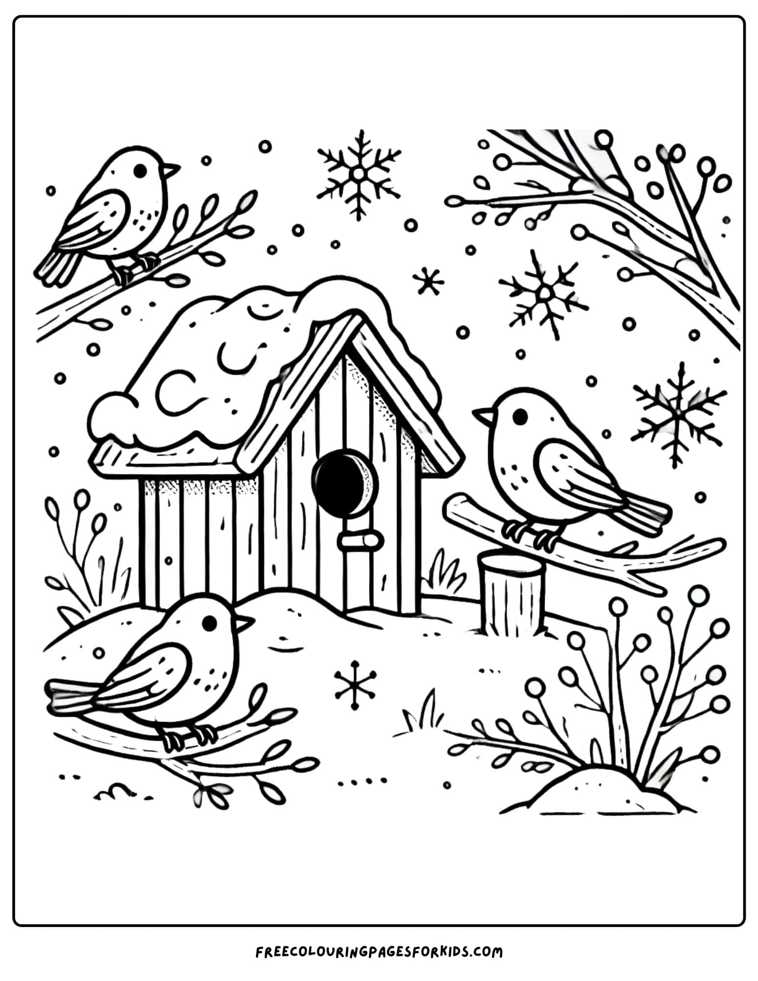 winter time snow covered bird house and birds coloring page