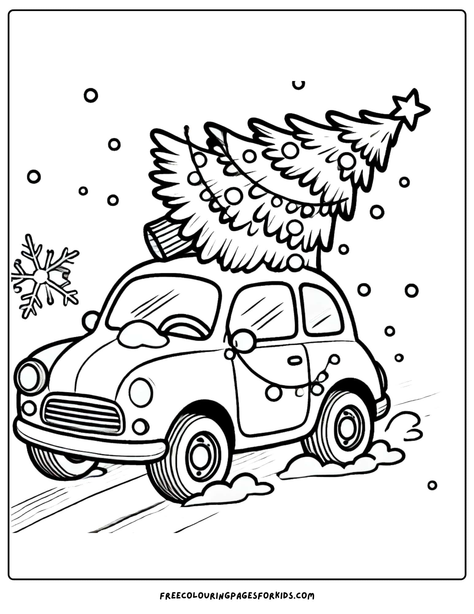 winter car with a christmas tree on its roof coloring page