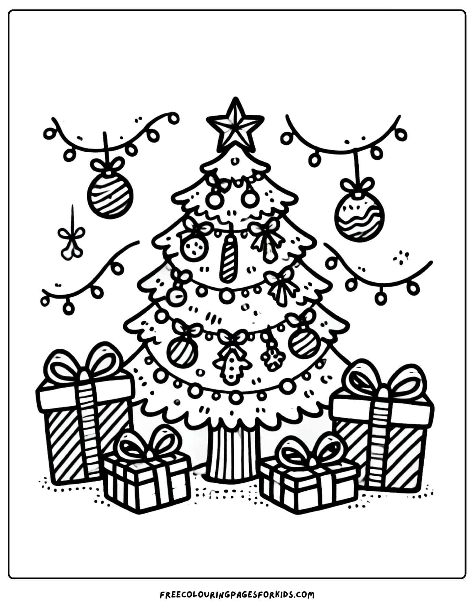 winter time christmas tree all decorated coloring page