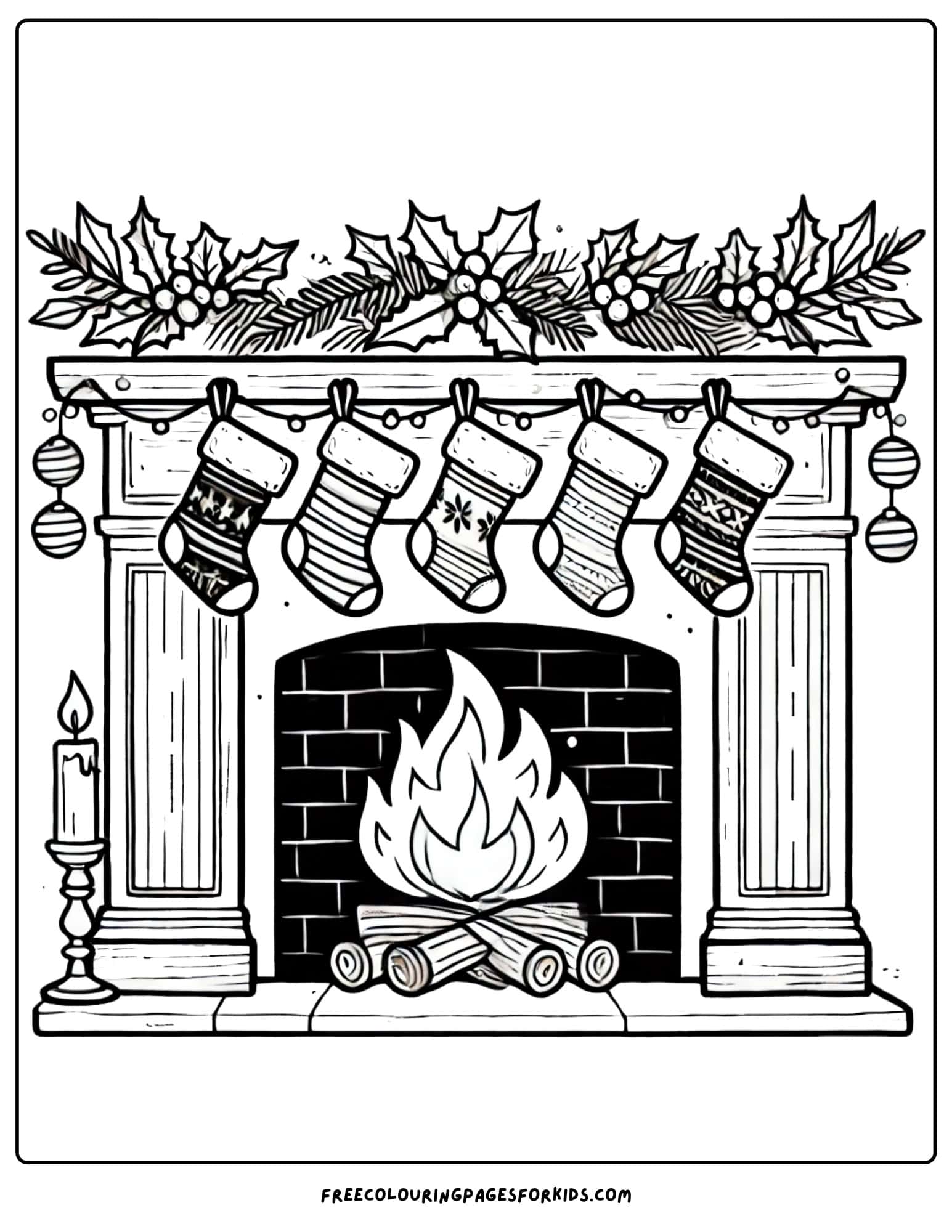 winter fireplace with stockings coloring page