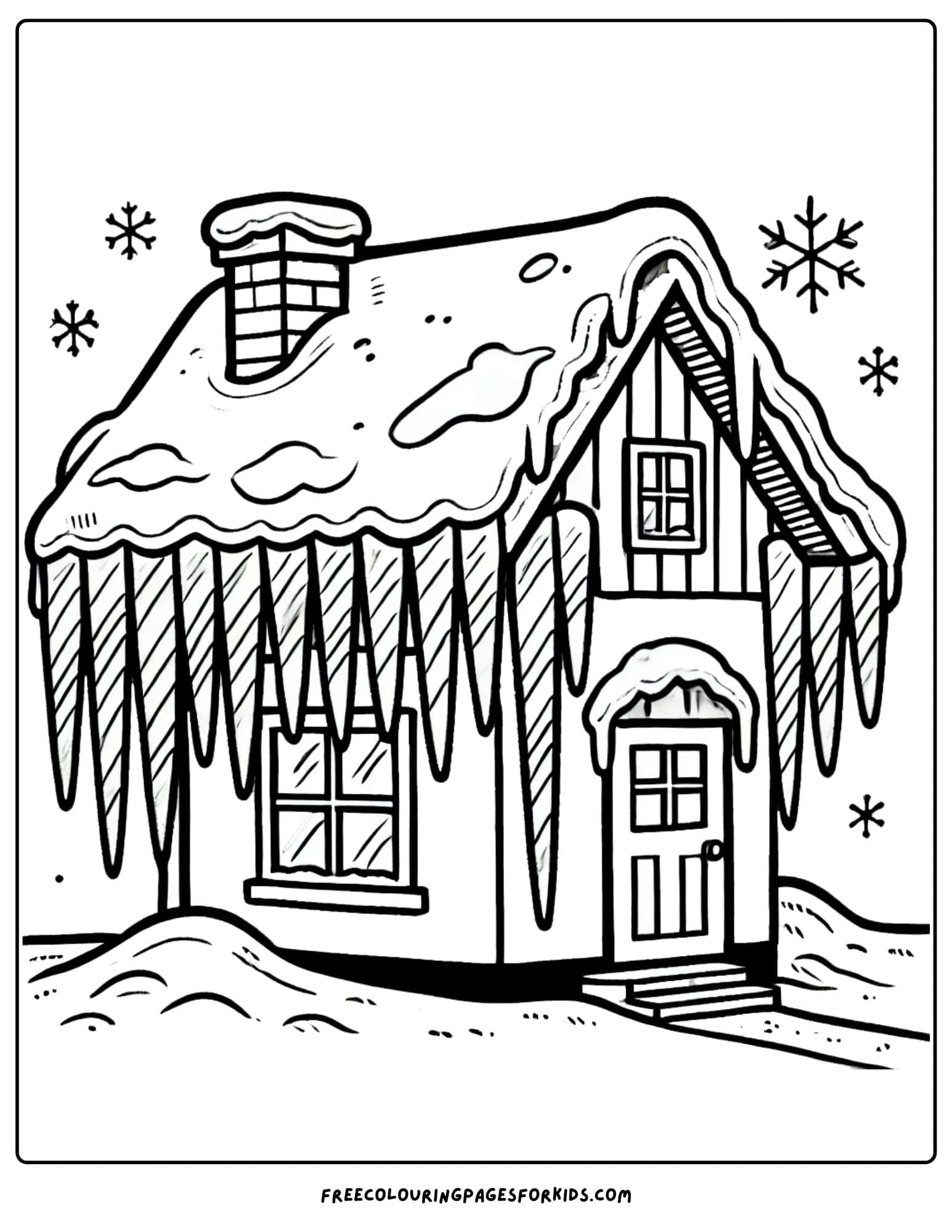 winter cabin with icicles hanging from the roof coloring page