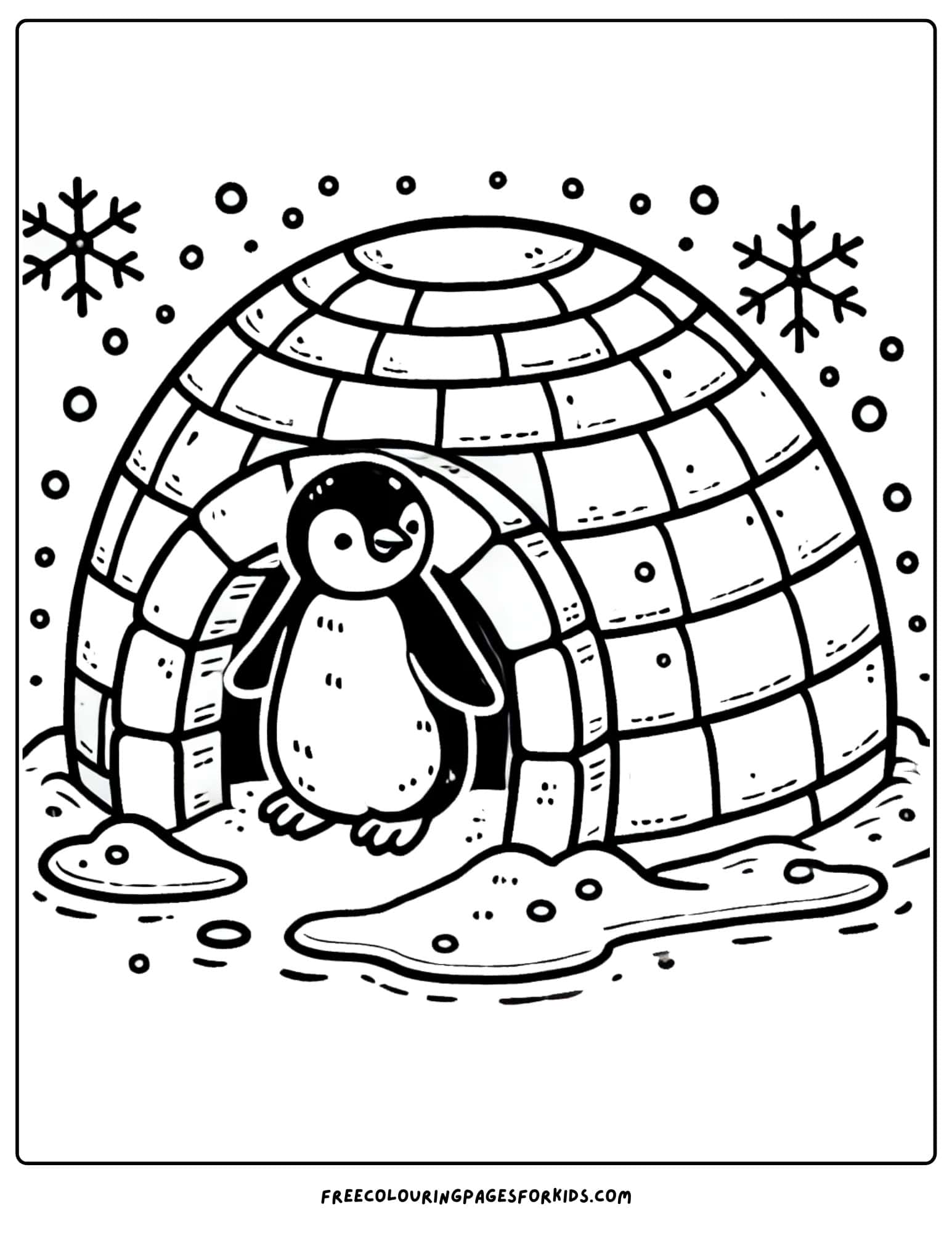 winter igloo with penguin coloring page